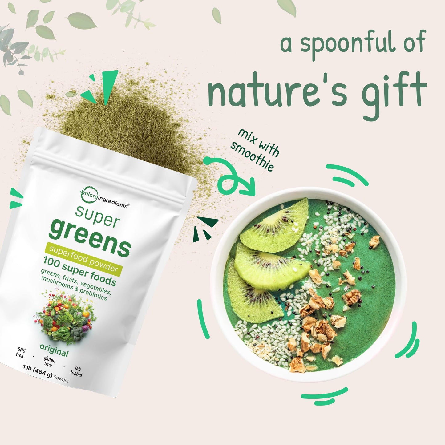Pre-Order | Arrives in 5–10 Days – Super Greens Powder, 1lb | 100 Superfood Blend | Daily Greens, Whole Food Fruits and Vegetables, Mushrooms, & Probiotics | Wheatgrass, Spirulina, Lions Mane, Beet Root | Original, Non-GMO