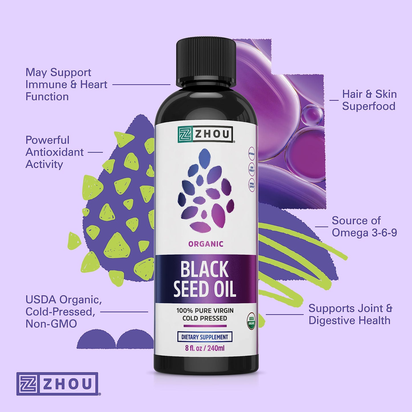Pre-Order | Arrives in 5–10 Days – Zhou Organic Black Seed Oil - Black Cumin Seed Oil Cold Pressed, Nigella Sativa, Pure Unrefined Blackseed Liquid, Premium Supplement for Health with Thymoquinone, Omega 3 6 9 - 8 Fl Oz (Pack of 1)