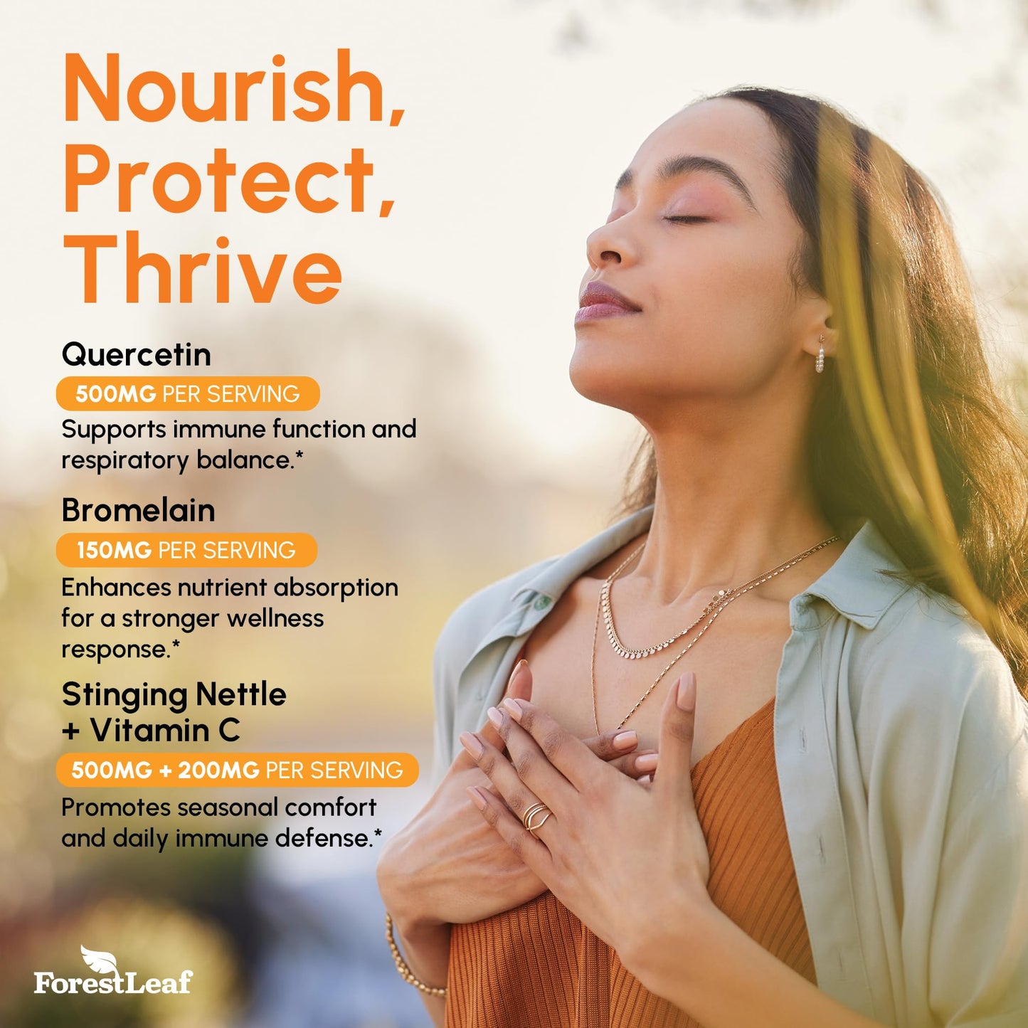 Pre-Order | Arrives in 5–10 Days – ForestLeaf Quercetin with Bromelain 1350mg - Blend with Vitamin C & Stinging Nettle Supplement, Quercetin 500mg Capsules, Non-GMO Gluten Free, Natural Immune & Respiratory Function, 90 Veggie Caps