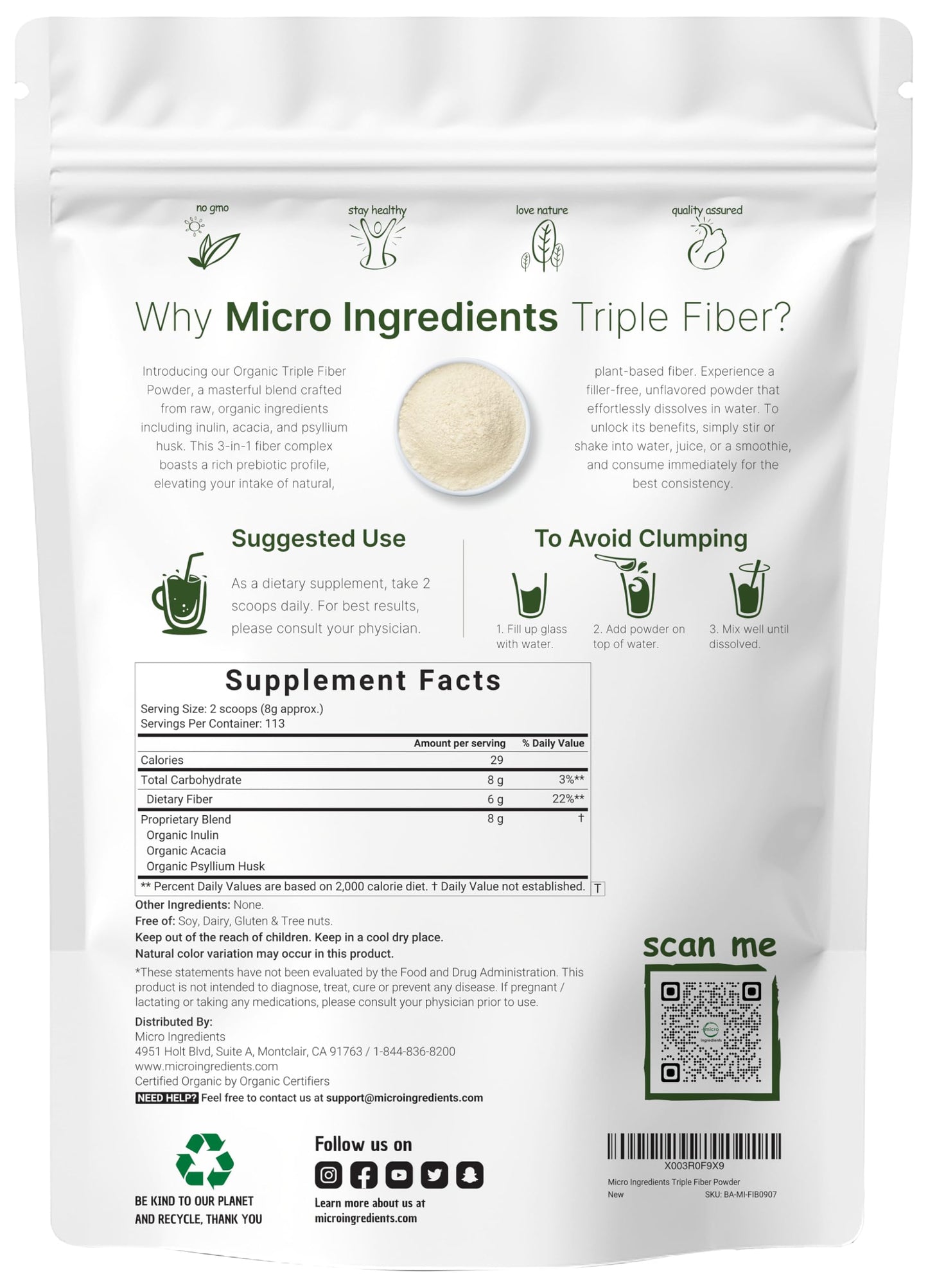 Pre-Order | Arrives in 5–10 Days – Organic Fiber Supplement (Inulin, Acacia, Psyllium Husk), 2 Pounds, 3-in-1 Formula, Daily Soluble Fiber, Unflavored, Prebiotics Supplement for Digestive Health, Hunger Control, Vegan