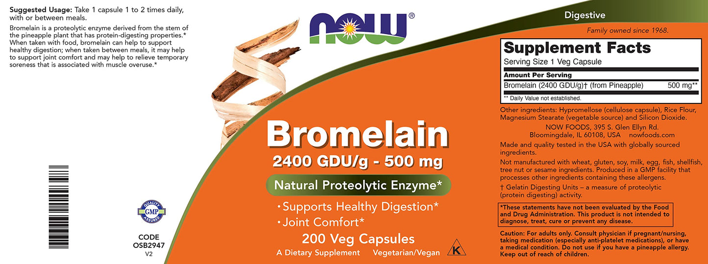 Pre-Order | Arrives in 5–10 Days – Now Bromelain 500 mg, 200 Veg Capsules - Natural Pineapple, Proteolytic Enzyme Supplement, 2400 GDU