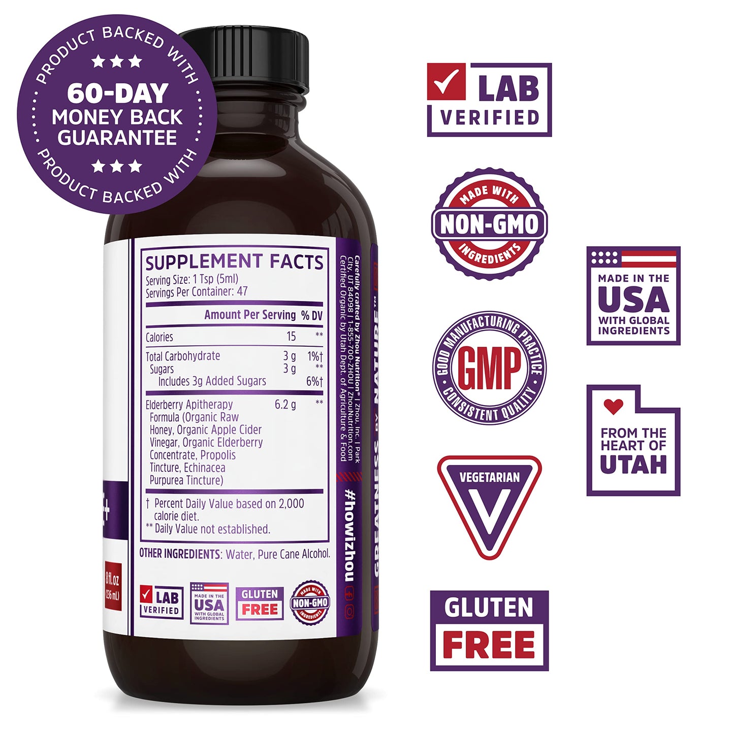 Pre-Order | Arrives in 5–10 Days – Zhou Nutrition Elder-Mune+ Syrup - Organic Black Elderbery Syrup for Adults, Immune Support Elixir with Apple Cider Vinegar, Echinacea Tincture, Natural Wellness - 8 Fl Oz Glass Bottle