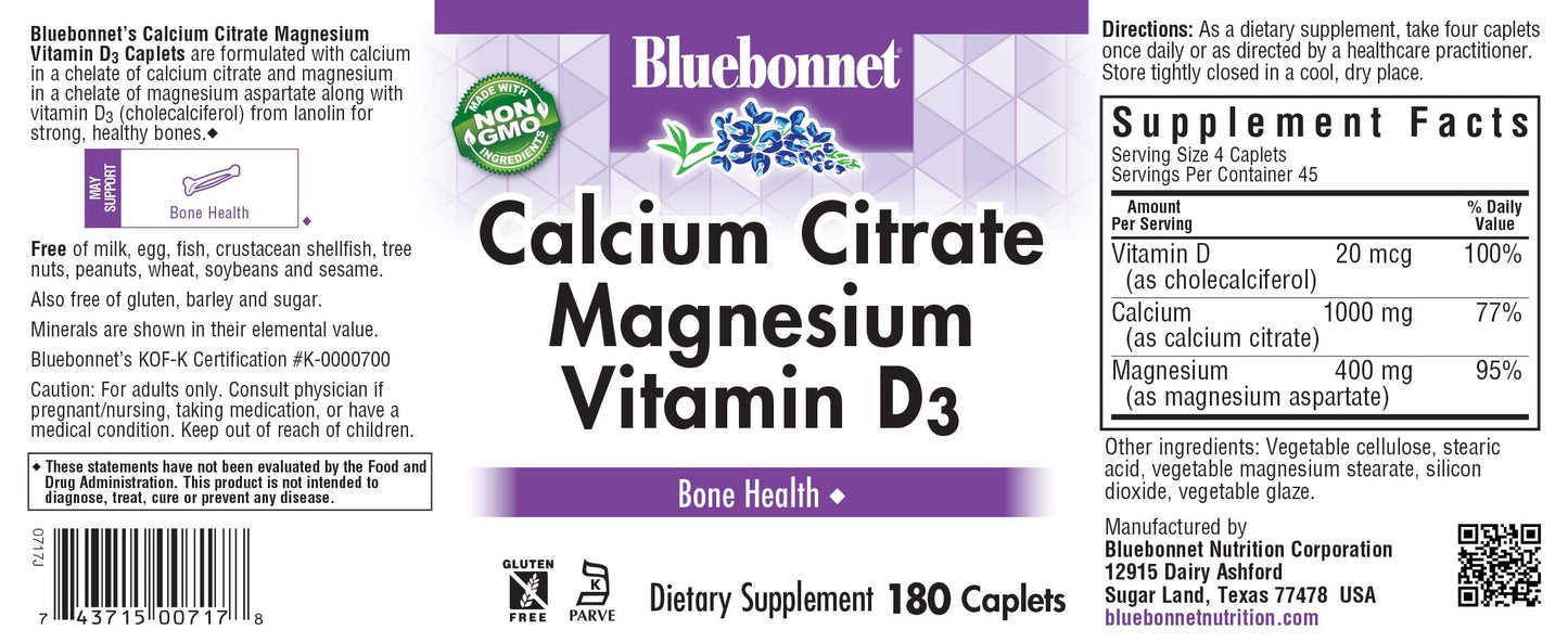 Pre-Order | Arrives in 5–10 Days – Bluebonnet Nutrition Calcium Citrate Magnesium Plus Vitamin D3 Caplets, Bone Health & Muscle Relaxation, Non GMO, Gluten, Soy & Milk Free, Kosher, White, Unflavored, 180 Count