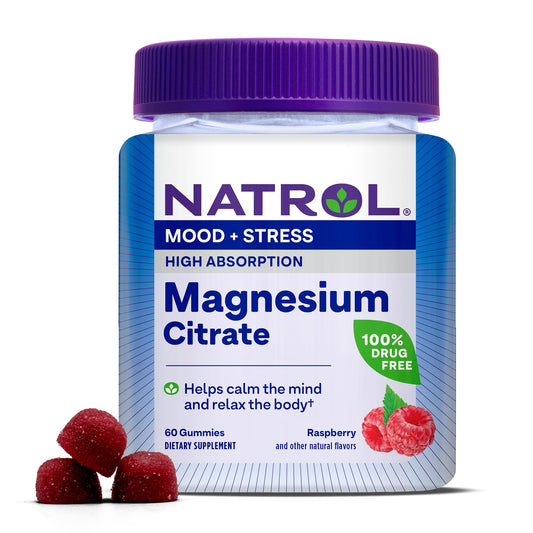 Pre-Order | Arrives in 5–10 Days – Natrol Mood + Stress Magnesium Citrate 330mg, Dietary Supplement for Mood and Occasional Stress Support, 60 Raspberry-Flavored Gummies, 15-Day Supply