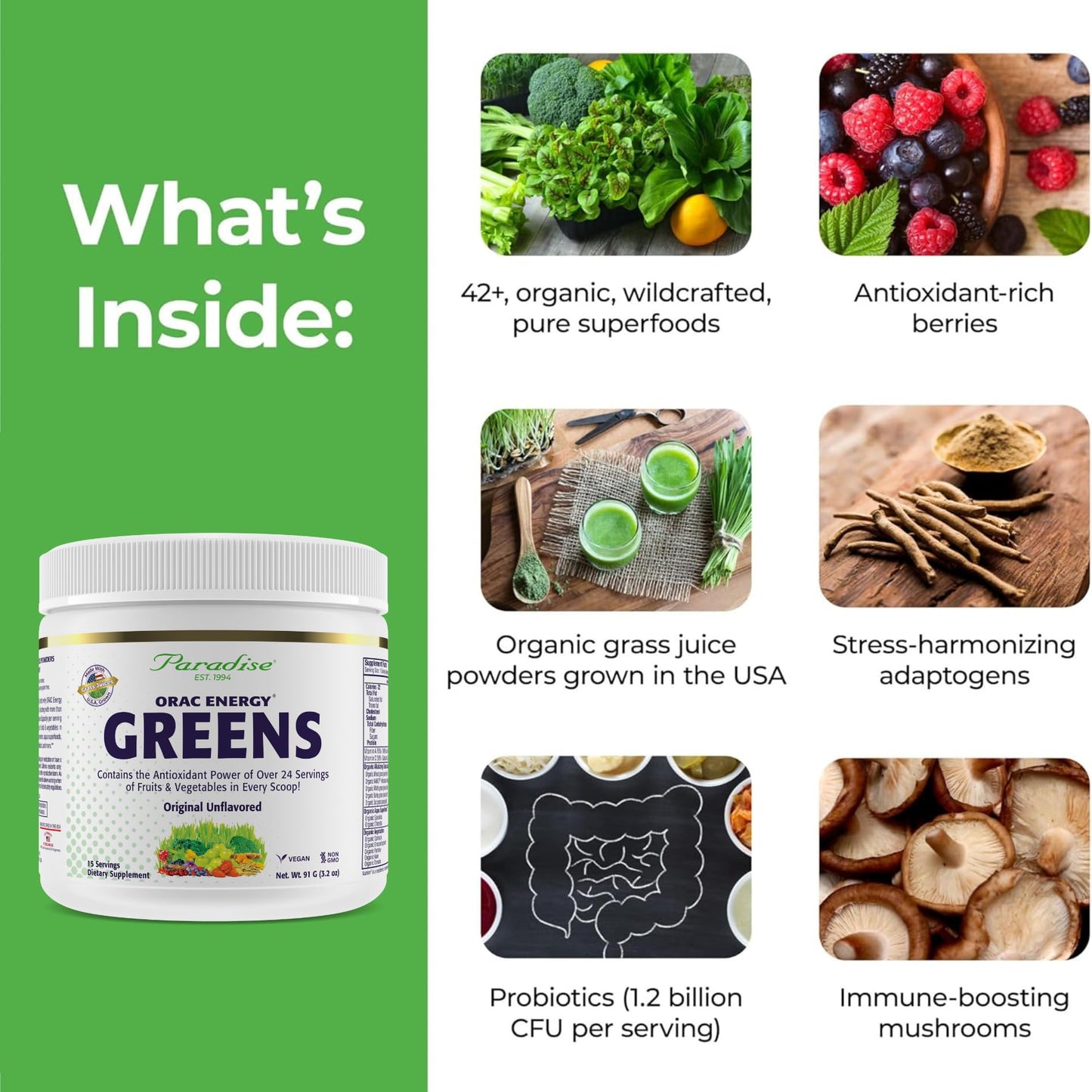 Pre-Order | Arrives in 5–10 Days – Paradise Herbs, ORAC Energy Greens Powder, Antioxidant Power of 24 Servings of Fruits & Vegetables in 1 Scoop, 15 Servings