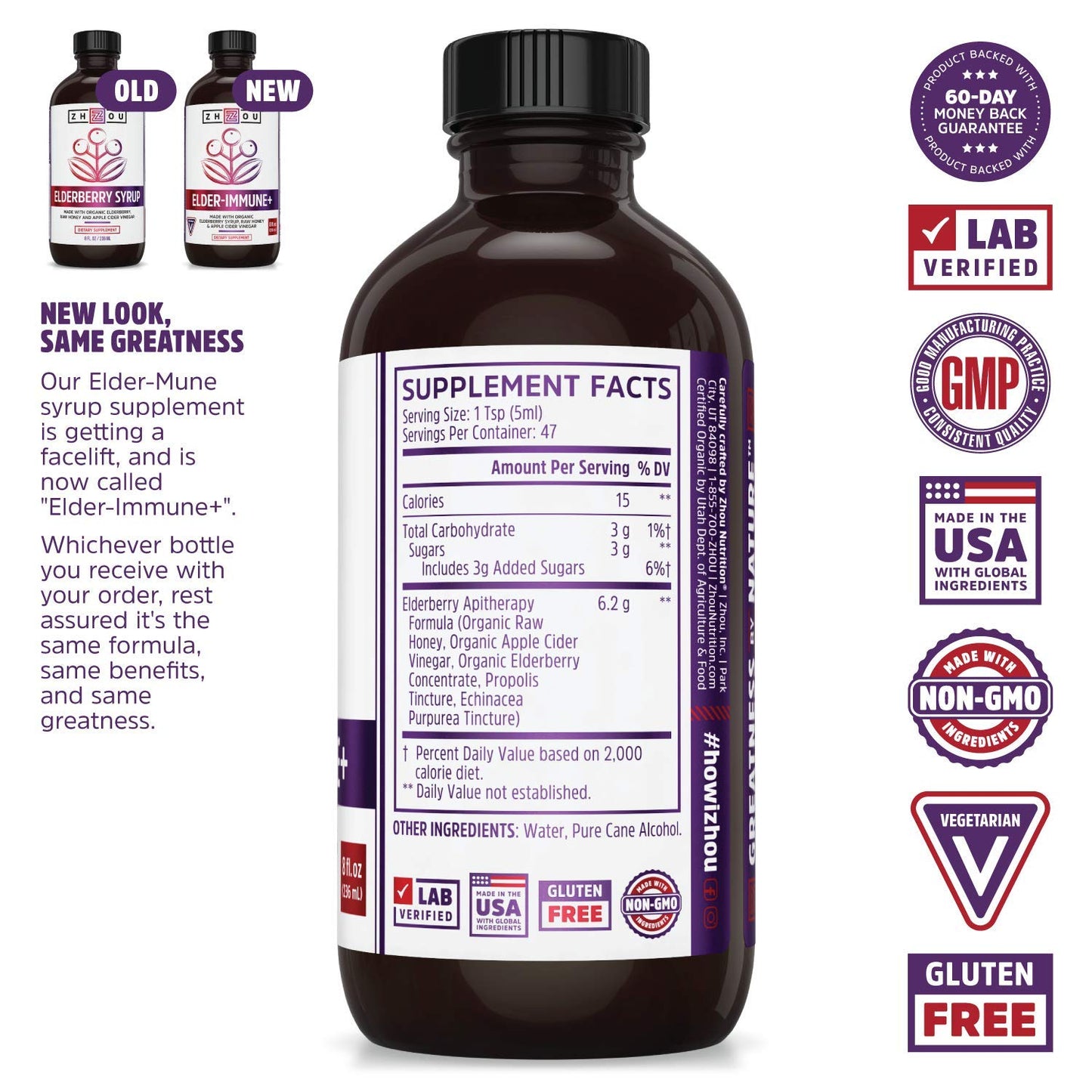 Pre-Order | Arrives in 5–10 Days – Zhou Nutrition Elder-Mune+ Syrup - Organic Black Elderbery Syrup for Adults, Immune Support Elixir with Apple Cider Vinegar, Echinacea Tincture, Natural Wellness - 8 Fl Oz Glass Bottle