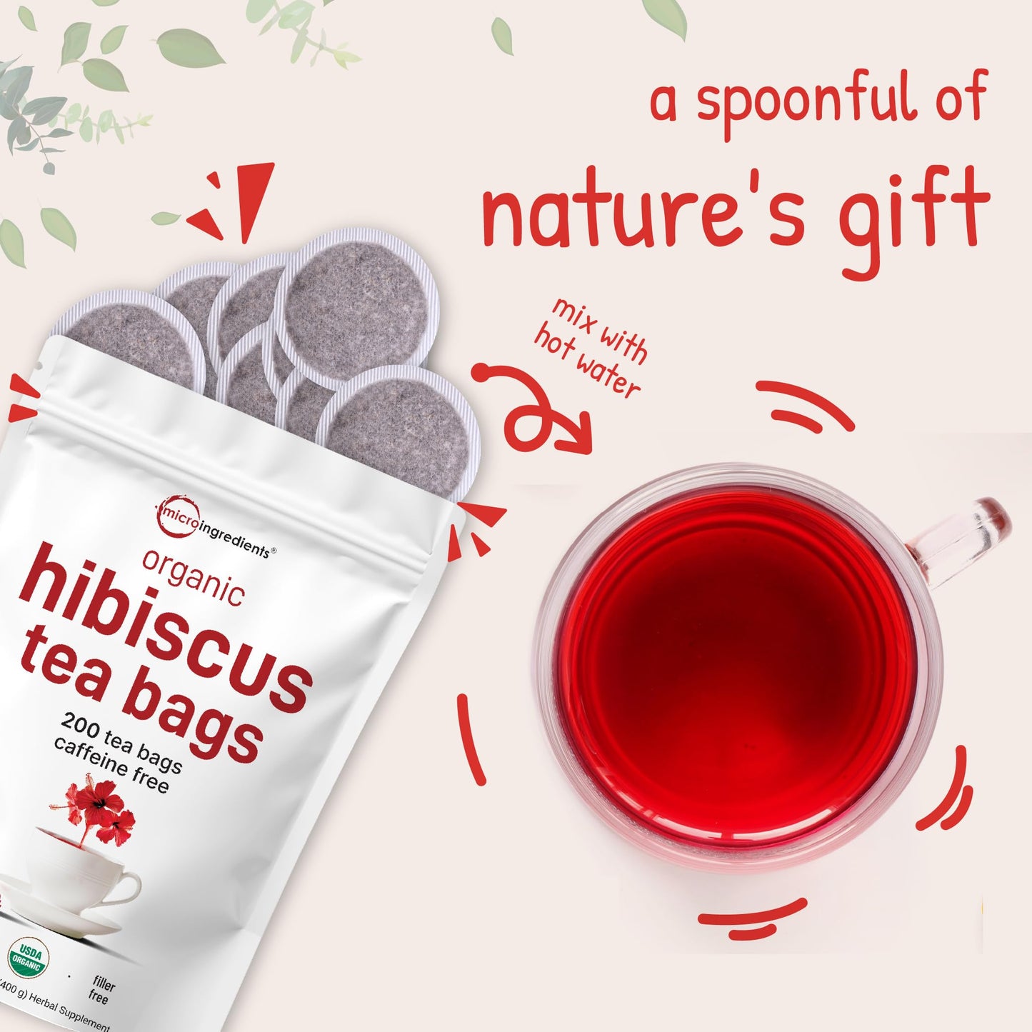 Pre-Order | Arrives in 5–10 Days – Organic Hibiscus Tea Bags, 200 Count | Premium Source from Hibiscus Flowers | Caffeine Free Herbal Tea | Eco-Friendly Hemp Paper Tea Bags | Non-GMO, No Sugar