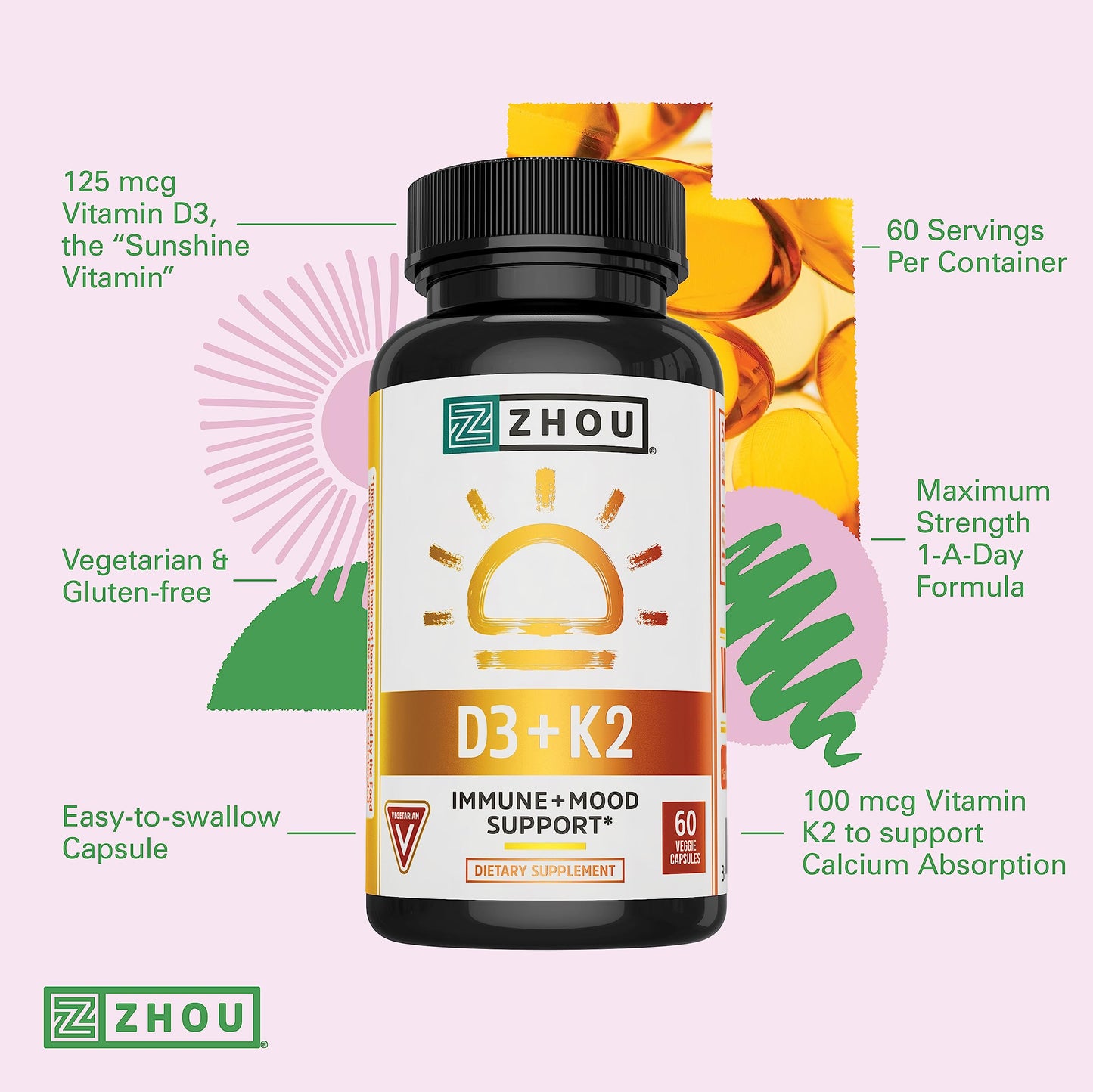 Pre-Order | Arrives in 5–10 Days – Zhou D3+K2 - Vitamin D3 K2 Supplement for Women & Men, Immune Support Vit D3 and K2 Supplements, Pure Vegetarian Formula with 5000 IU of D3 and MK-7 - 60 Veggie Capsules (Pack of 1)
