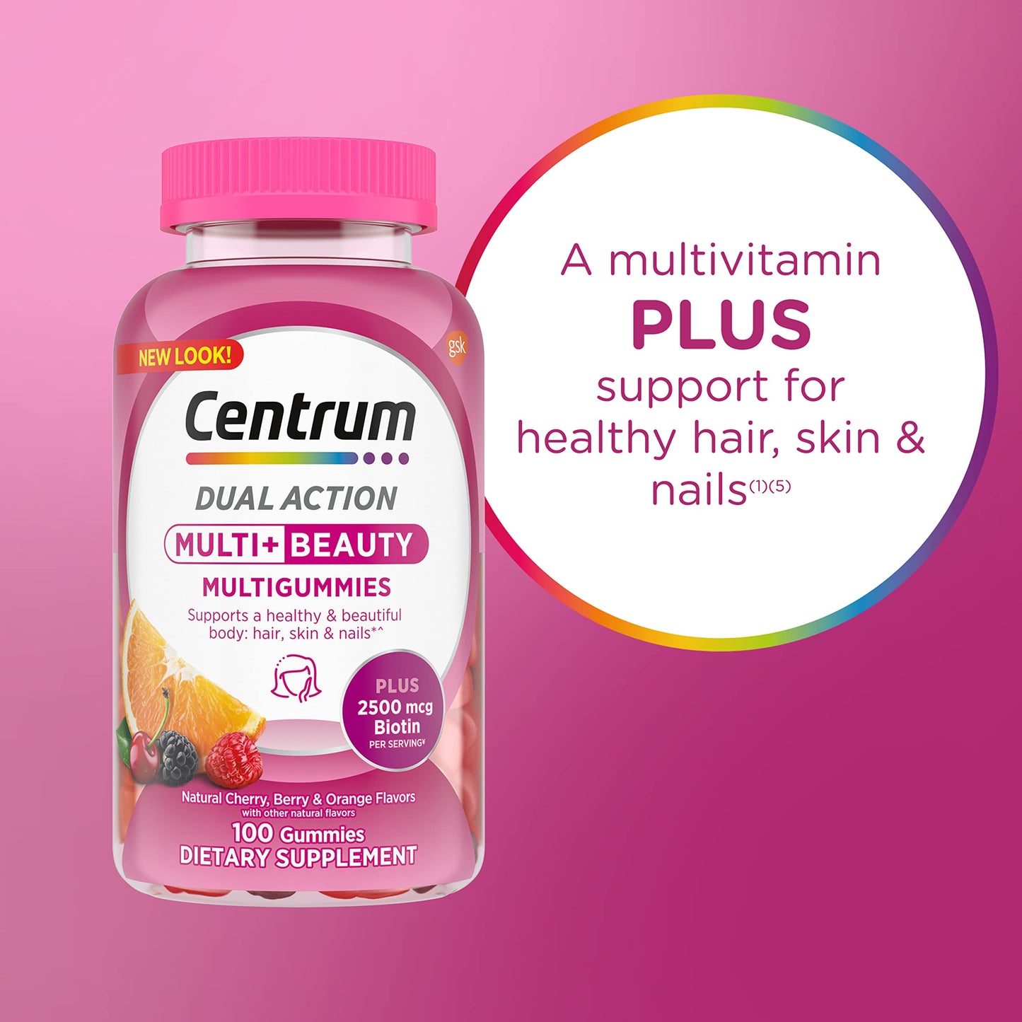 Pre-Order | Arrives in 5–10 Days – Centrum MultiGummies Multi+ Beauty Dual Action Multivitamin, Specially Designed with Biotin for Healthy Hair, Skin and Nails, Cherry/Berry/Orange Flavors - 100 Count