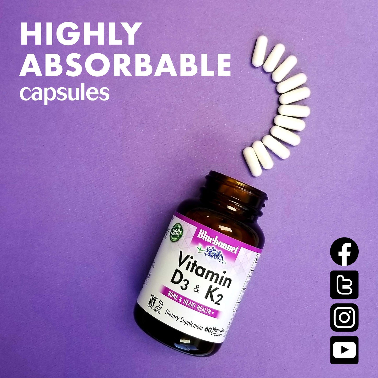 Pre-Order | Arrives in 5–10 Days – Bluebonnet Nutrition Vitamin D3 & K2, Soy-Free, for Strong-Healthy Bones*, Gluten-Free, Non-GMO, Dairy-Free, Kosher Certified, Vegetarian, 60 Vegetable Capsules, 60 Servings