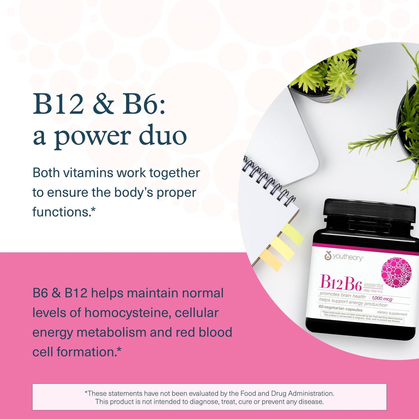 Pre-Order | Arrives in 5–10 Days – Youtheory B12B6 - Vegan Vitamin B6 & Vitamin B12 - Offers Brain Health, Energy & Immunity Support* - Dairy, Soy & Gluten Free - 60 Vegetarian Capsules
