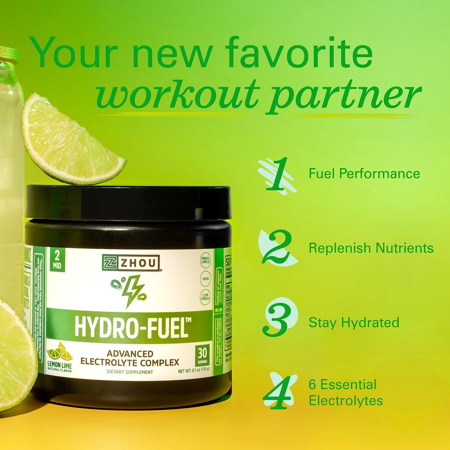 Pre-Order | Arrives in 5–10 Days – Zhou Nutrition Hydro Fuel, Sugar Free Electrolyte Powder, Replenish Nutrients, Restore Hydration, Natural Mineral Complex with Coconut Water Concentrate, Vegan, Gluten Free, Lemon Lime, 30 servings