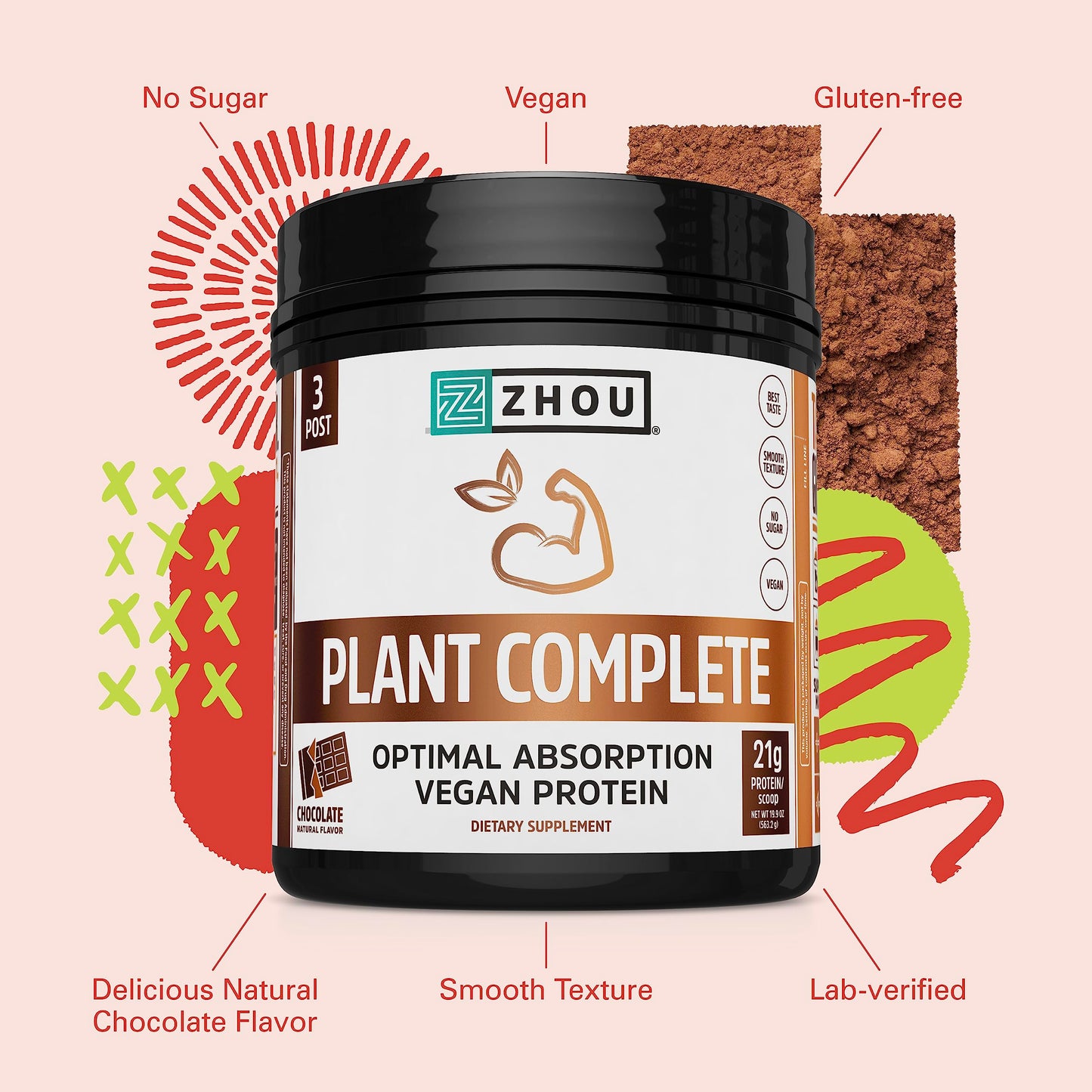 Pre-Order | Arrives in 5–10 Days – Zhou Plant Complete Vegan Protein Powder - Plant Based Protein Powder for Women & Men, Non Dairy Rice & Pea Blend for Smoothies & Shakes, 21g Protein Per Serving - Chocolate, 17.7oz (16 Servings)