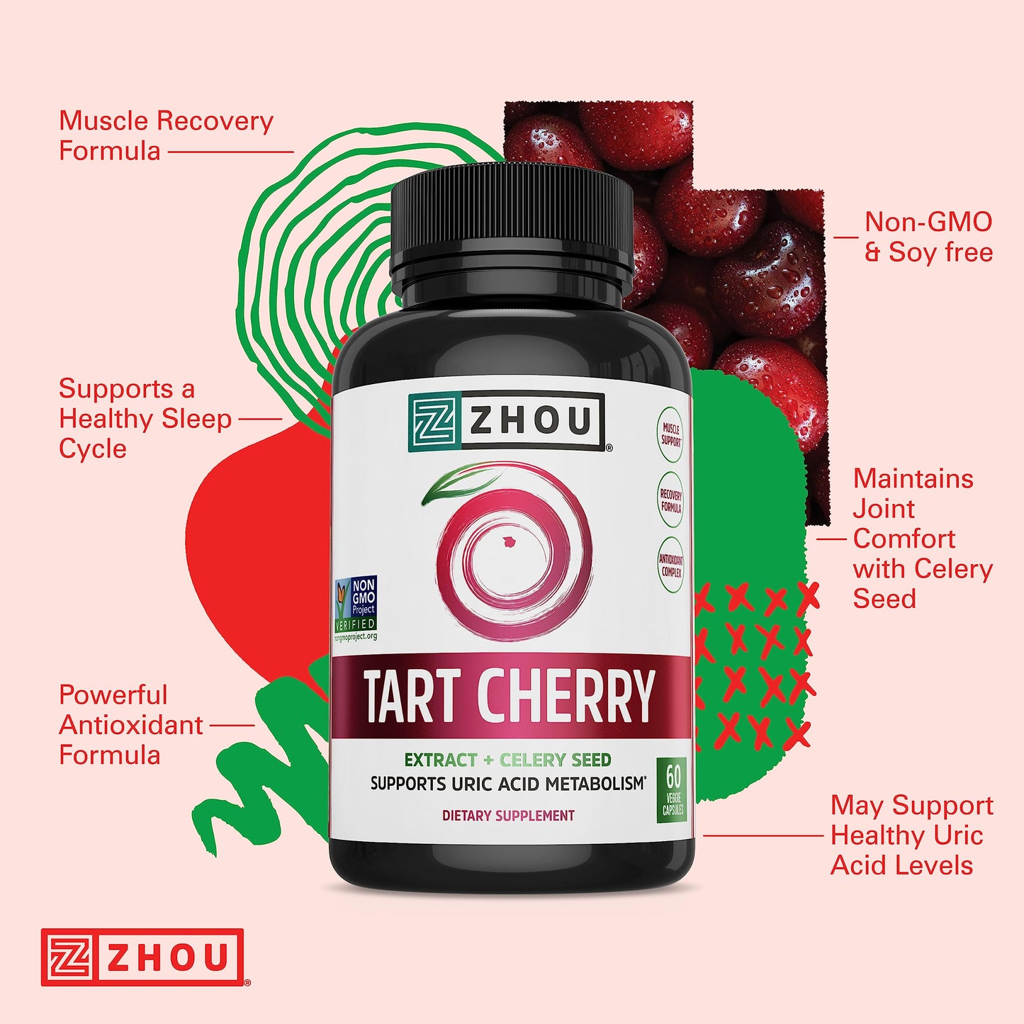 Pre-Order | Arrives in 5–10 Days – Zhou Tart Cherry Extract + Celery Seed - Tart Cherry Capsules for Men & Women, Tart Cherry Concentrate Pills for Sleep & Uric Acid Cleanse, 1000mg Per Pill - 60 Veggie Capsules (Pack of 1)