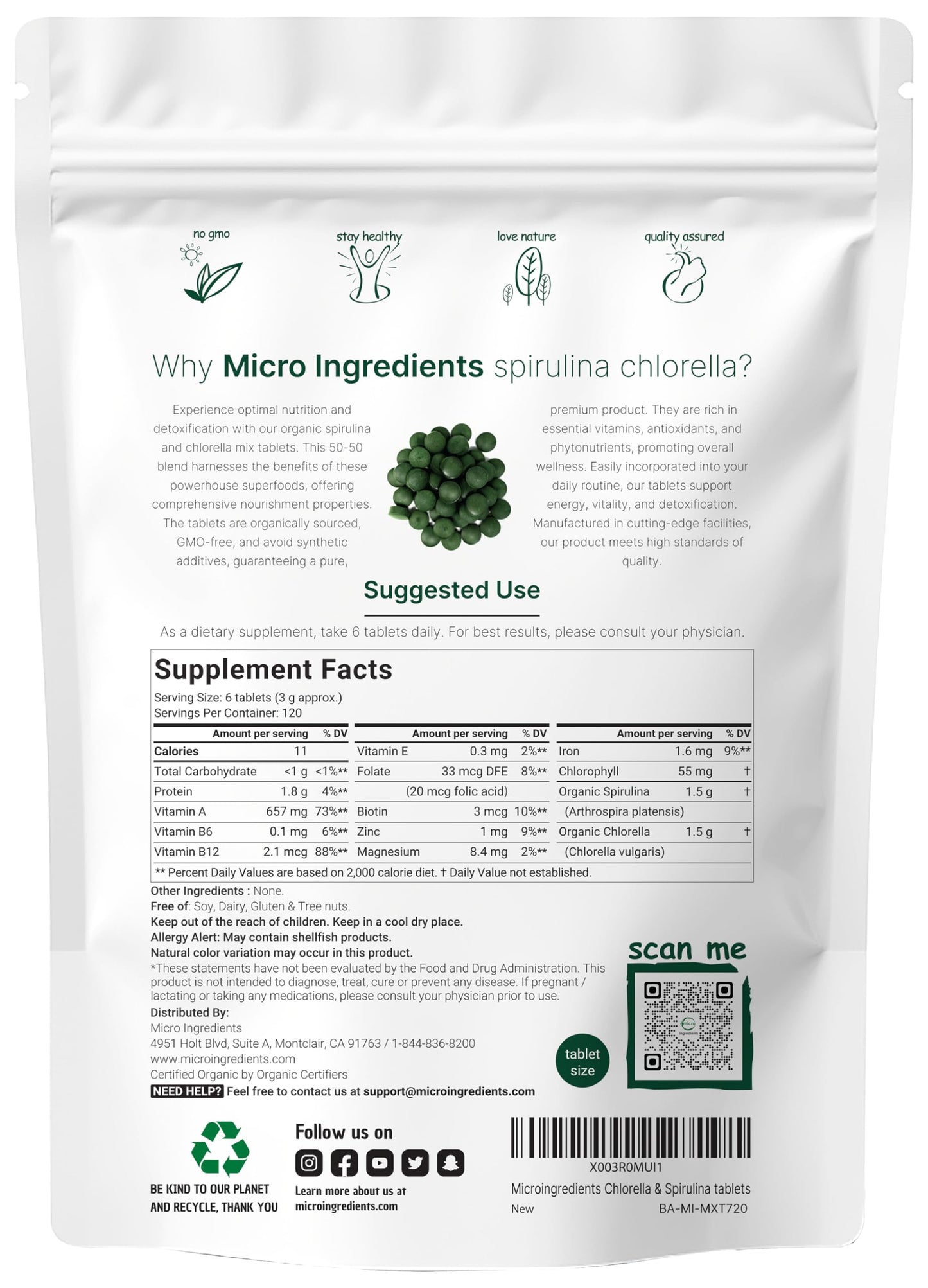 Pre-Order | Arrives in 5–10 Days – Organic Chlorella Spirulina Tablets, 3000mg Per Serving, 720 Counts, 4 Months Supply, 50/50 Blend Superfood, No Filler, No Additives, Cracked Cell Wall, Rich in Vegan Protein & Chlorophyll