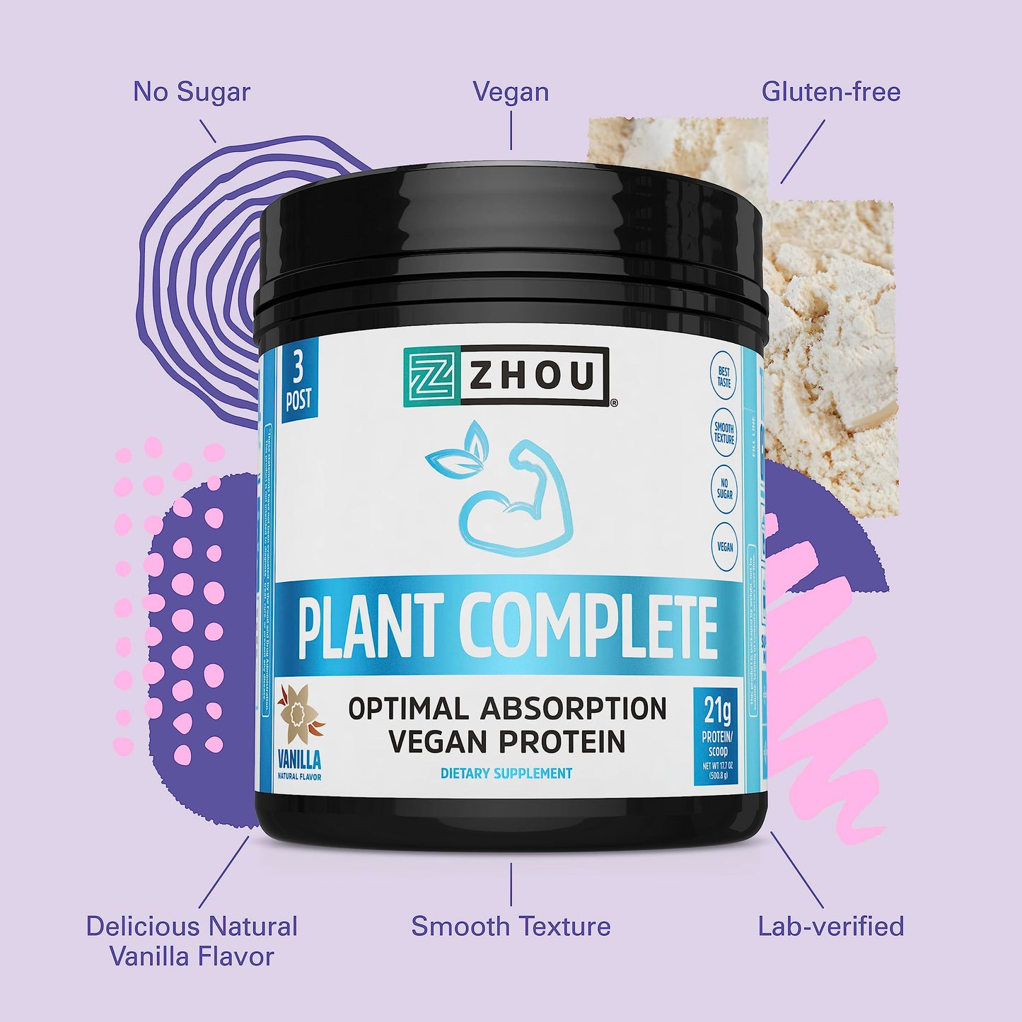 Pre-Order | Arrives in 5–10 Days – Zhou Nutrition Plant Based Vegan Protein Powder, Best Absorption Digest Score, Complete Amino Acid Profile, Dairy Free, Soy Free, Gluten Free, Sugar Free, Vanilla, 21g Protein, 16 Servings