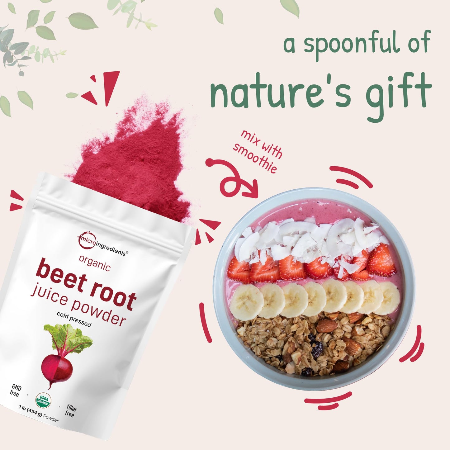 Pre-Order | Arrives in 5–10 Days – Micro Ingredients Organic Beet Root Powder, 1 Pound, Cold Pressed and Water Soluble, Beet Juice Pre-Workout Concentrated Powder, Energy & Immune System Support, Non-GMO