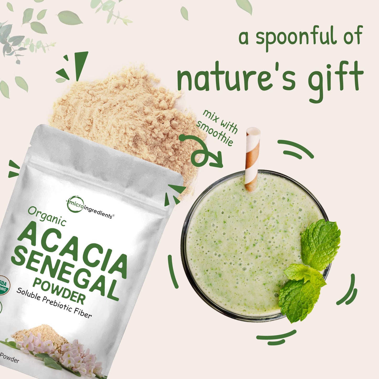 Pre-Order | Arrives in 5–10 Days – Micro Ingredients Organic Acacia Senegal Powder, 2 Pounds (32 Ounce), Instant Soluble Fiber Powder, Plant-Based Prebiotic Superfood for Gut Health, Non-GMO, No Gluten, Vegan
