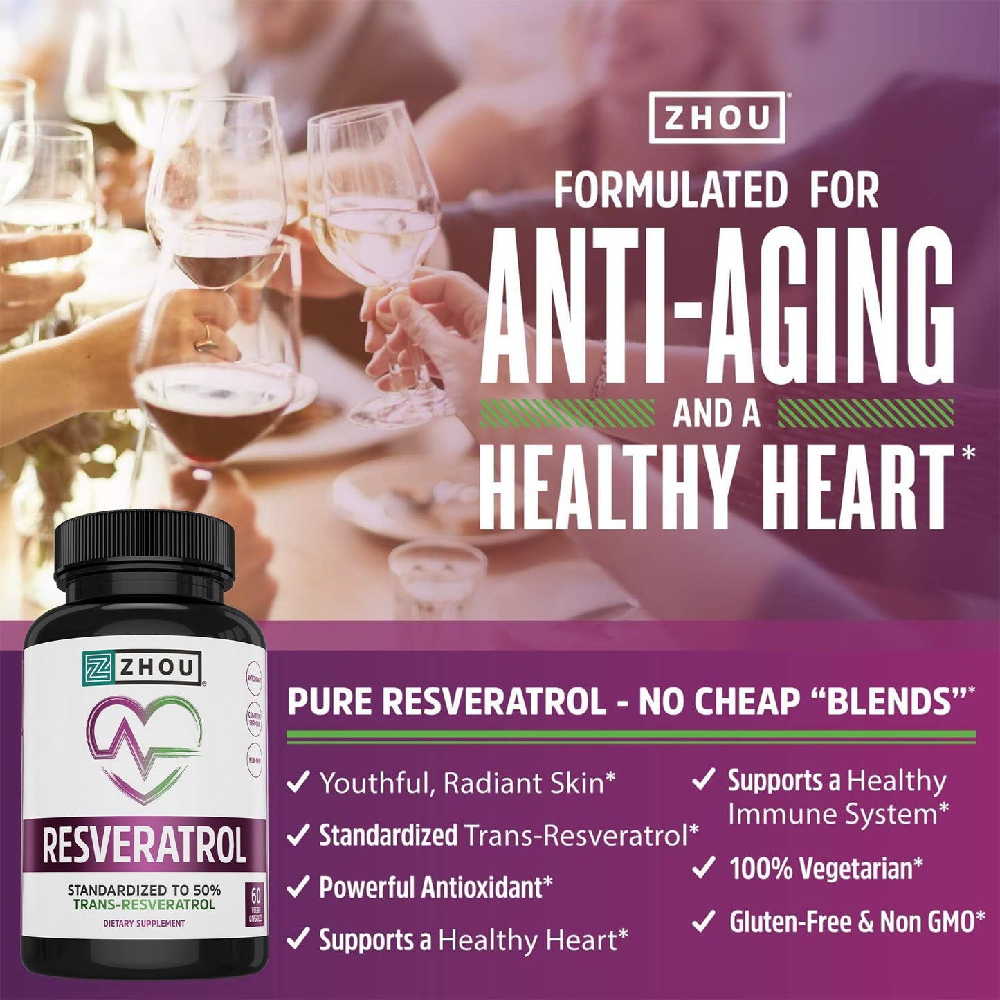 Pre-Order | Arrives in 5–10 Days – Zhou Resveratrol Supplement | Healthy Aging, Immune System & Heart Health Support | Powerful Antioxidant Benefits | 30 Servings, 60 Veg Caps