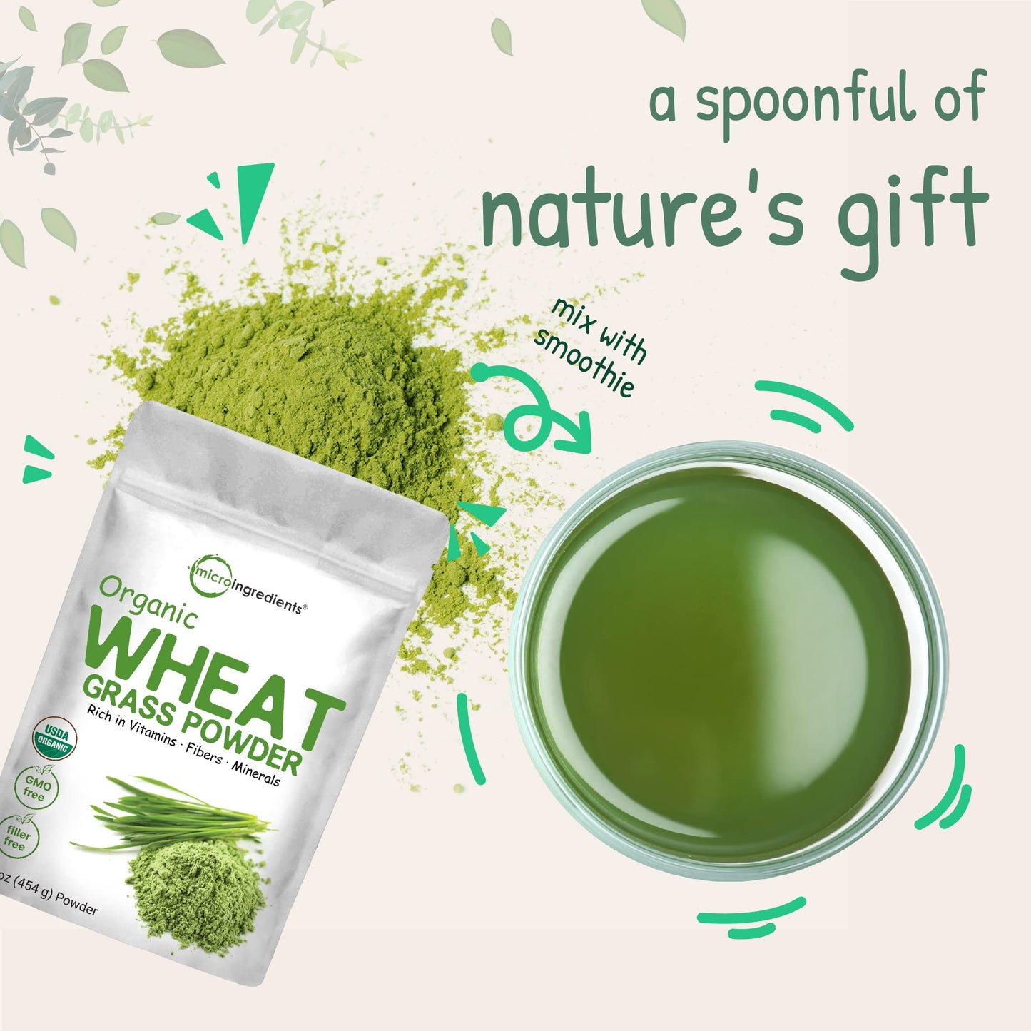 Pre-Order | Arrives in 5–10 Days – Micro Ingredients Sustainably US Grown, Organic Wheat Grass Powder (100% Whole-Leaf), 16 Ounce, Rich in Immune Vitamins, Fibers and Minerals, Support Digestion Function, Vegan Friendly