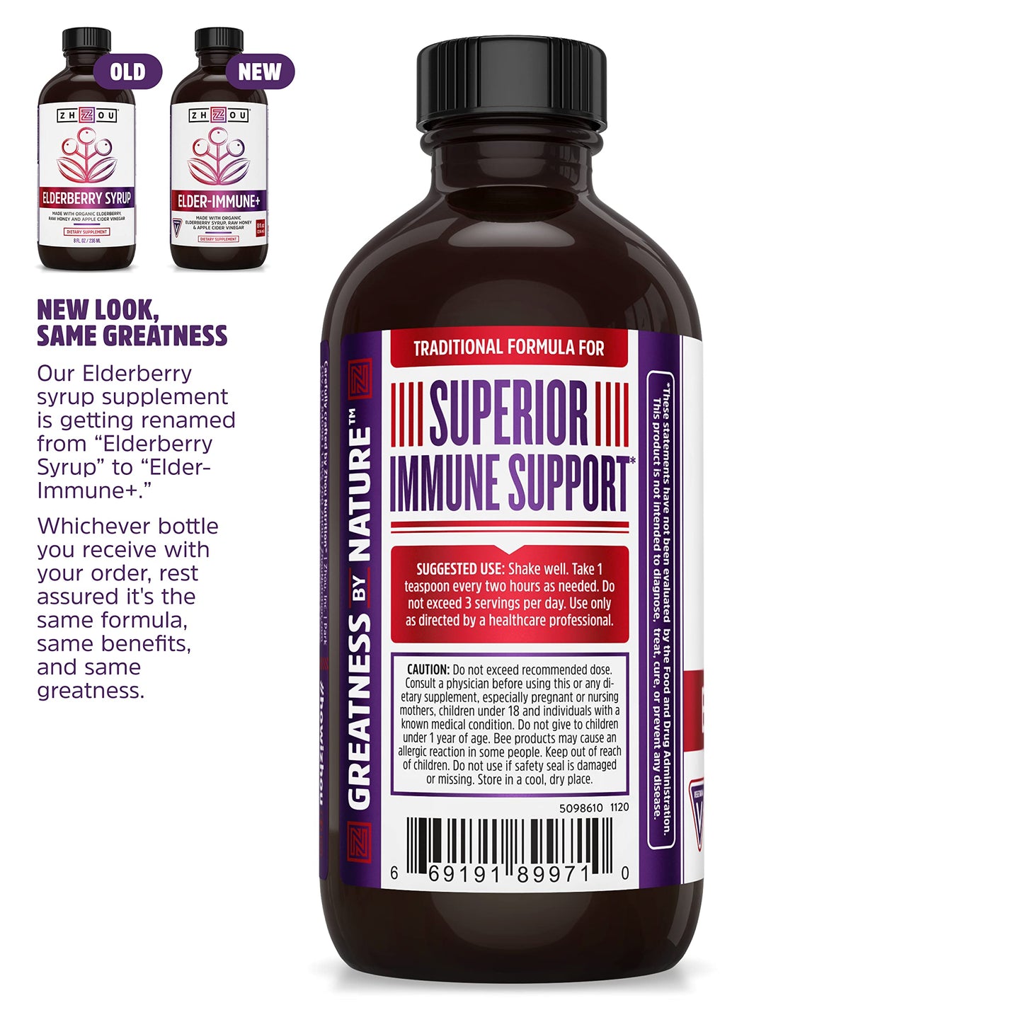 Pre-Order | Arrives in 5–10 Days – Zhou Nutrition Elder-Mune+ Syrup - Organic Black Elderbery Syrup for Adults, Immune Support Elixir with Apple Cider Vinegar, Echinacea Tincture, Natural Wellness - 8 Fl Oz Glass Bottle