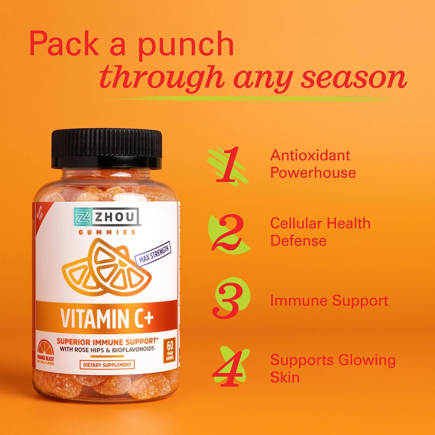 Pre-Order | Arrives in 5–10 Days – Zhou Vitamin C+ Gummies - Vitamin C Gummies for Adults and Kids, 270 mg per Gummy with Bioflavinoids and Acerola for Immune Support - 60 Vegan Gummies