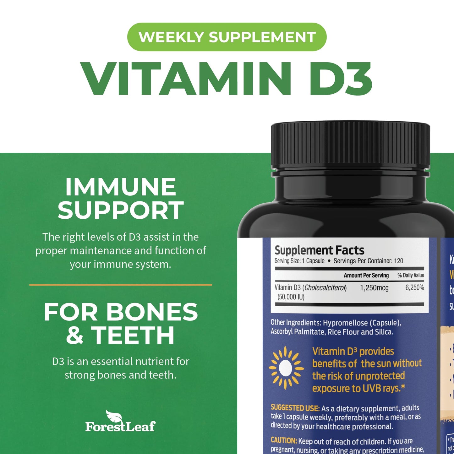 Pre-Order | Arrives in 5–10 Days – ForestLeaf Vitamin D3 50,000 IU | VIT D - VIT D3 Vitamin D Supplement for Women and Men | Bone Health, Teeth, Immune Support | Easy to Swallow Pills | High Potency WEEKLY Dose, 2-Year Supply, 120 Caps