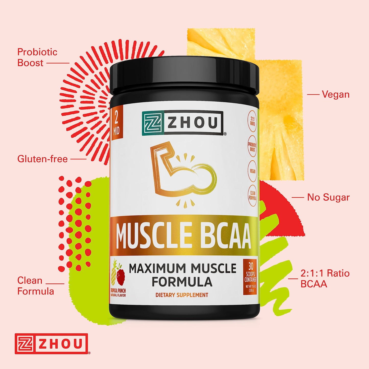 Pre-Order | Arrives in 5–10 Days – Zhou Nutrition Muscle BCAA Powder, Vegan Muscle Recovery, Natural, Clean Formula for Optimal Absorption, Probiotic Boost, Vitamin C, Gluten and Sugar Free, Tropical Punch, 30 Servings