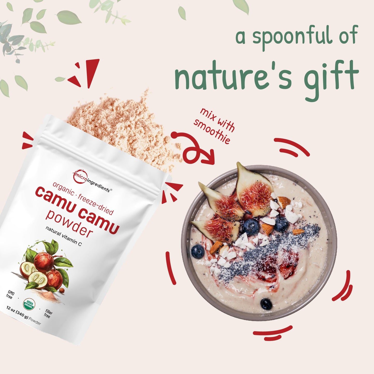 Pre-Order | Arrives in 5–10 Days – Organic Camu Camu Powder, 12 oz | High Natural Vitamin C Level | Fresh Freeze-Dried Berries Source | No GMOs, Vegan Friendly