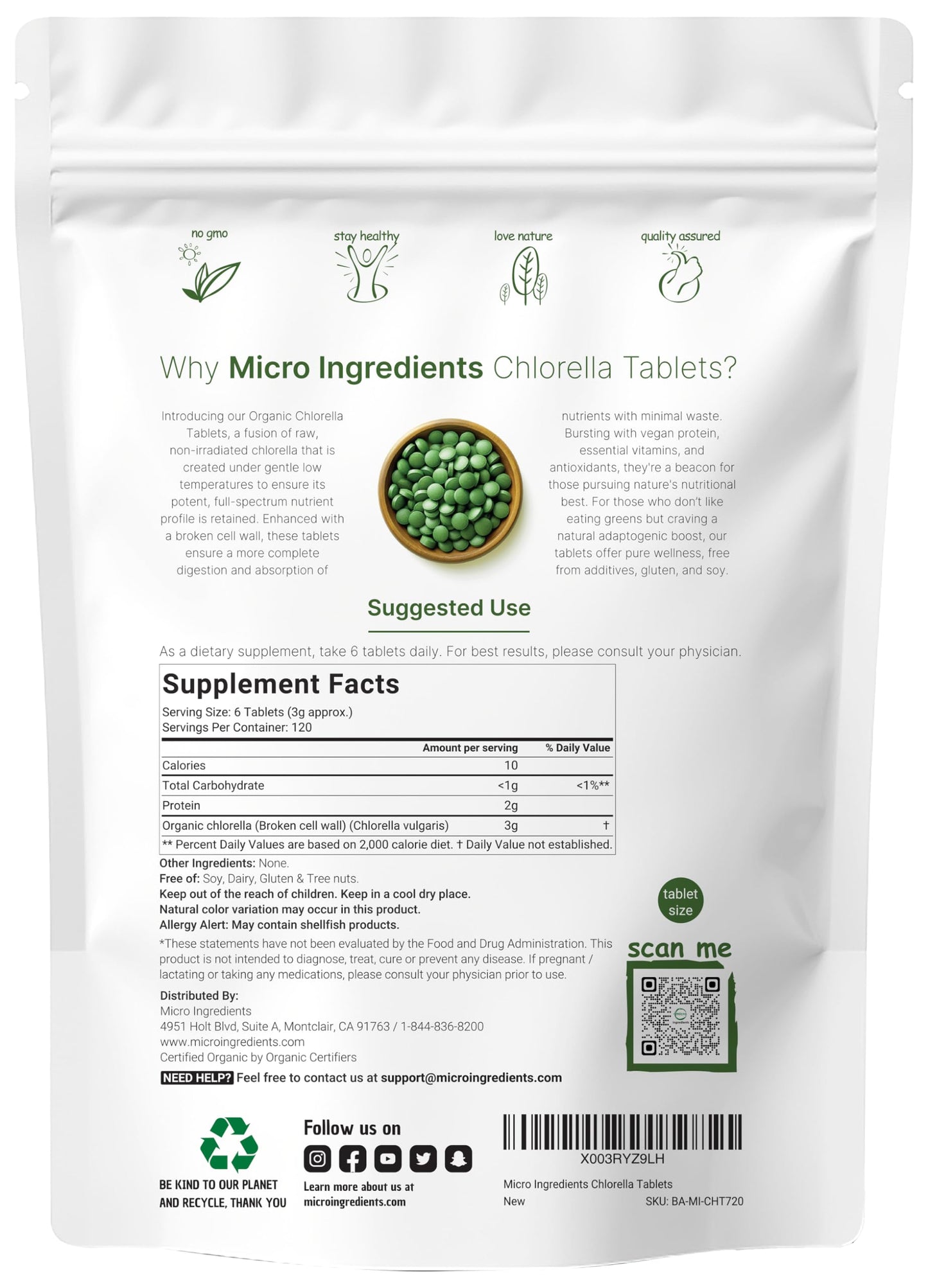 Pre-Order | Arrives in 5–10 Days – Organic Chlorella Tablets, 500mg Per Tablet, 720 Tabs (360 Grams), 4 Months Supply, Broken Cell Wall, Rich in Vegan Protein & Vitamins, No Filler, No Additives & Non-GMO | Pure Green Algae Superfood