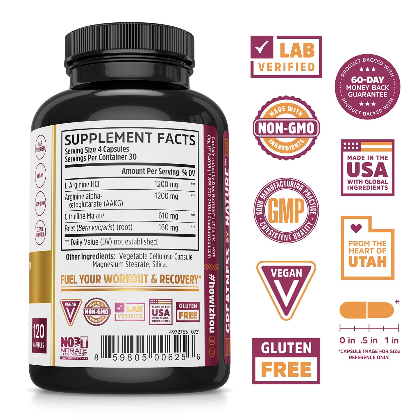Pre-Order | Arrives in 5–10 Days – Zhou N.O. Pro - Premium Nitric Oxide Supplement for Men & Women, Heart, Muscle & Blood Support with Beet Root & L Arginine, Natural Nitric Oxide Booster - 120 Veggie Capsules