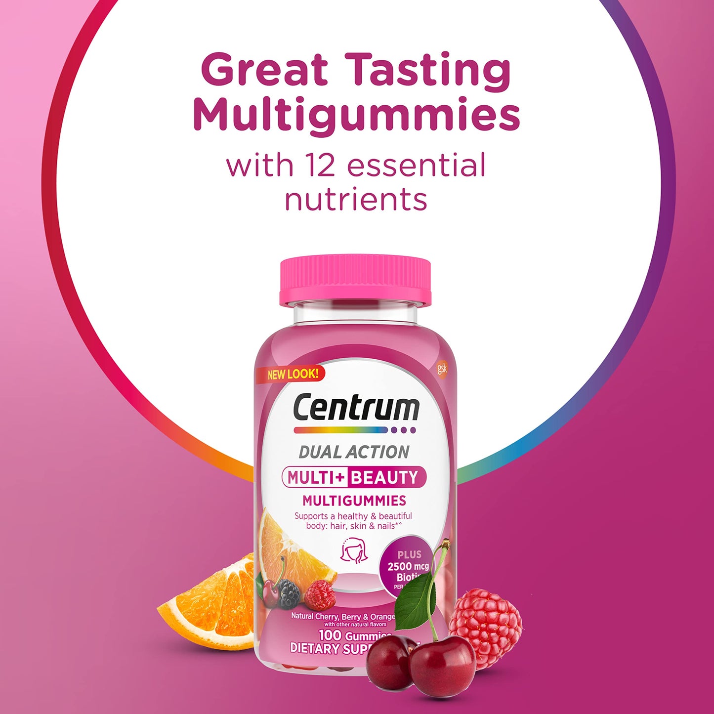 Pre-Order | Arrives in 5–10 Days – Centrum MultiGummies Multi+ Beauty Dual Action Multivitamin, Specially Designed with Biotin for Healthy Hair, Skin and Nails, Cherry/Berry/Orange Flavors - 100 Count