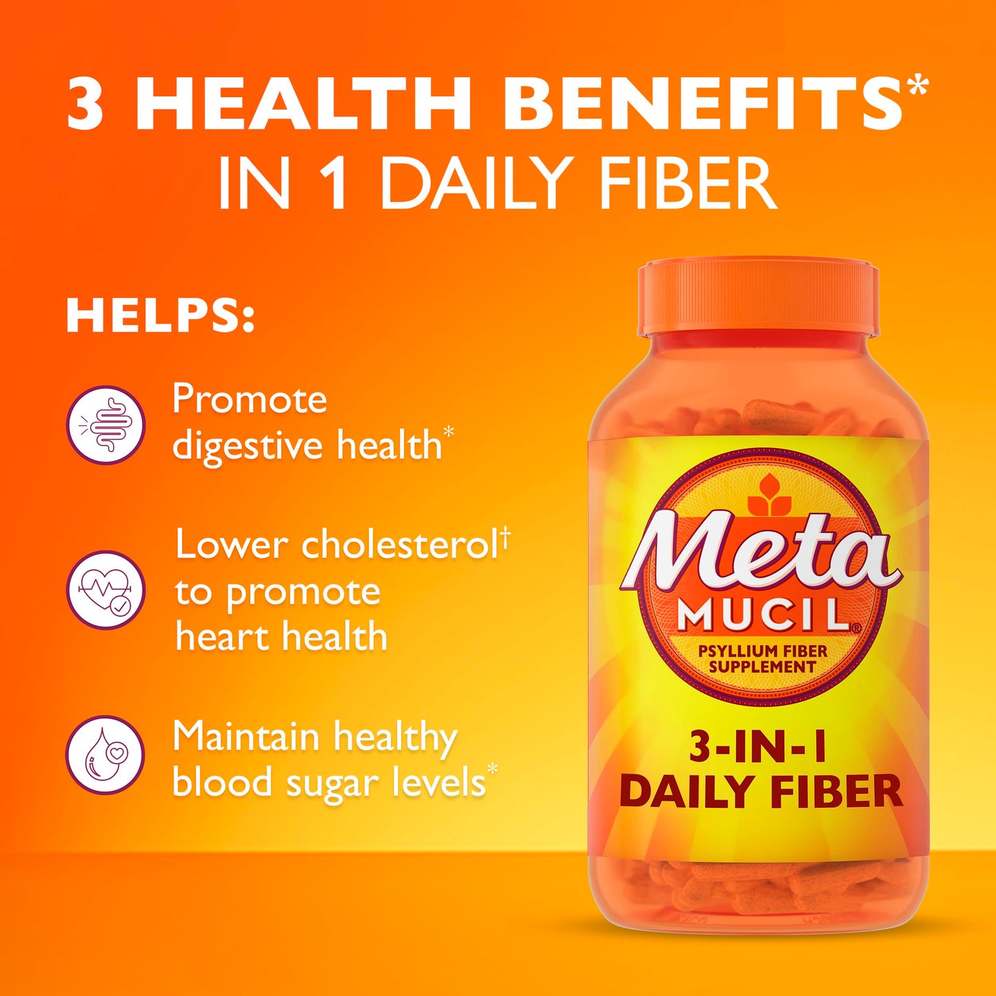 Pre-Order | Arrives in 5–10 Days – Metamucil, Daily Psyllium Husk Powder Supplement, 3-in-1 Fiber for Digestive Health, Plant Based Fiber, 300ct Capsules