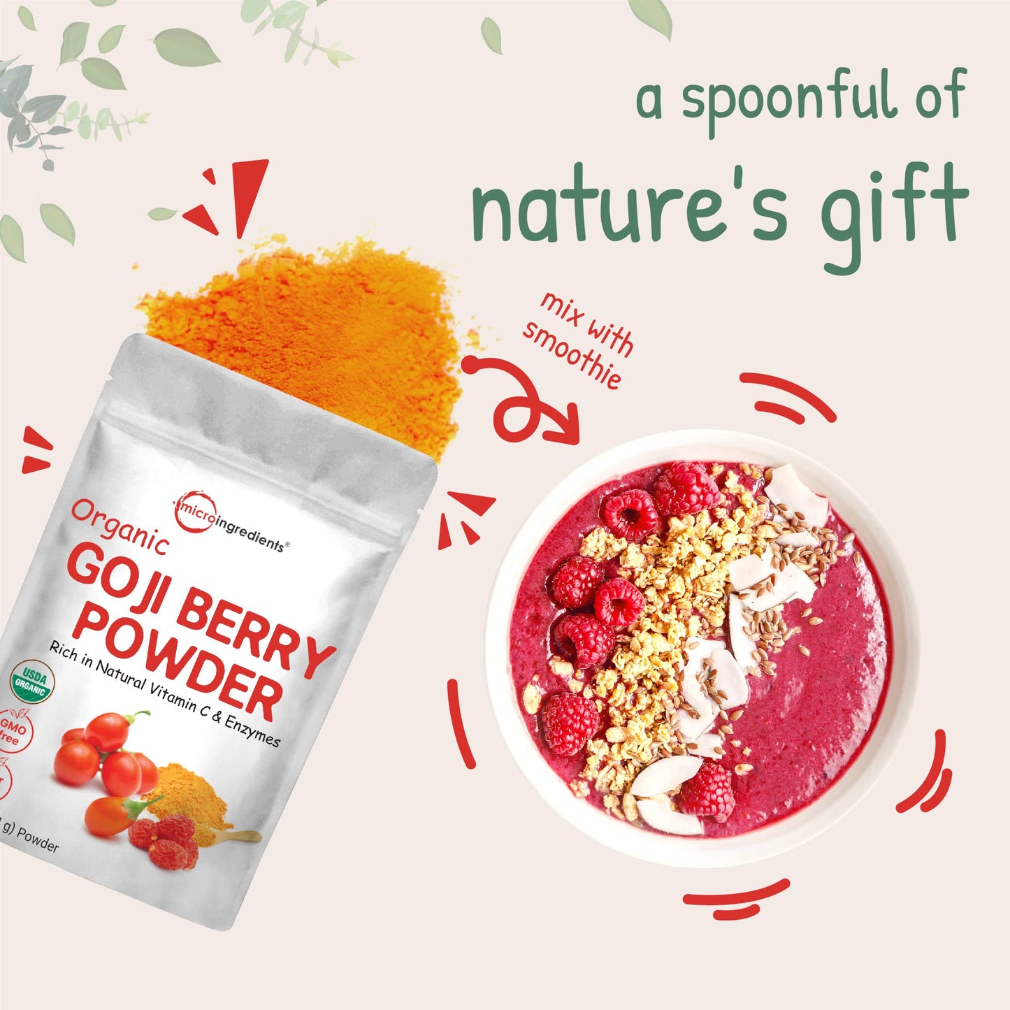 Pre-Order | Arrives in 5–10 Days – Organic Goji Powder, 16 Ounces | 100% Natural Fruit Source | Sulfate & Additive Free | Great Flavor for Drinks, Snacks, & Beverages | Non-GMO & Vegan