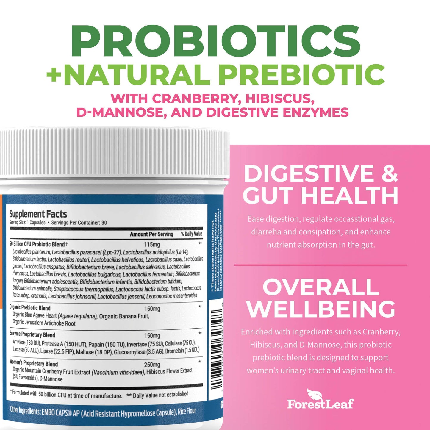 Pre-Order | Arrives in 5–10 Days – Probiotics for Women, 50 Billion CFU, 26 Unique Strains, Women's Probiotic and Prebiotics Support Digestive Health, w/ Cranberry, Hibiscus & D-Mannose for Vaginal PH Balance, Urinary, Gut (30 Caps)