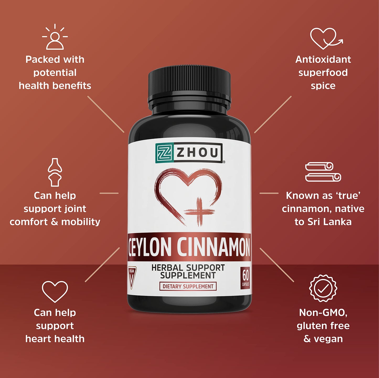 Pre-Order | Arrives in 5–10 Days – Zhou Heart Hero Ceylon Cinnamon - Ceylon Cinnamon Capsules for Women and Men, Cinnamon Verum Supplement with 1200 mg Per Serving for Heart and Joint Health - 60 Veggie Capsules