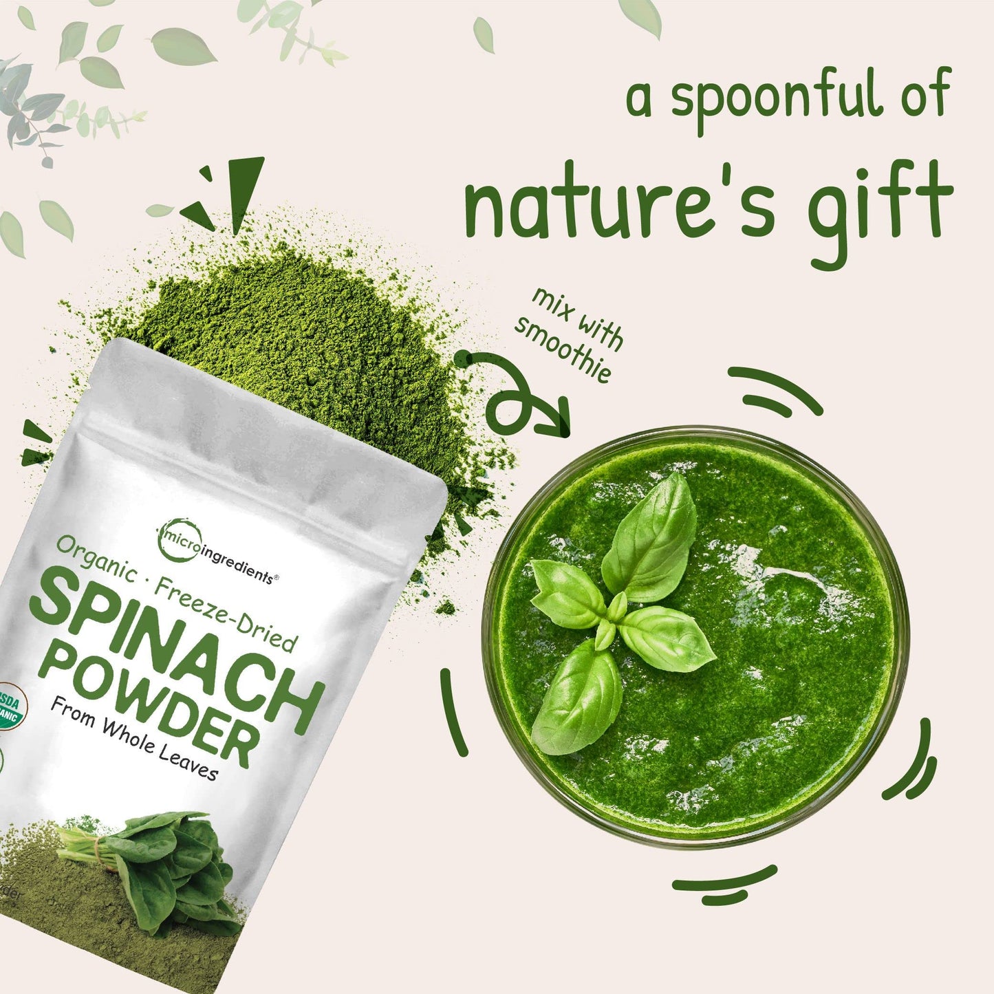 Pre-Order | Arrives in 5–10 Days – Micro Ingredients Sustainably US Grown, Organic Spinach Powder, 1 Pound, Freeze Dried from Whole Leaf, Rich in Beneficial Thylakoids and Chlorophyll, Contains Multivitamins, Non-GMO, Vegan Friendly