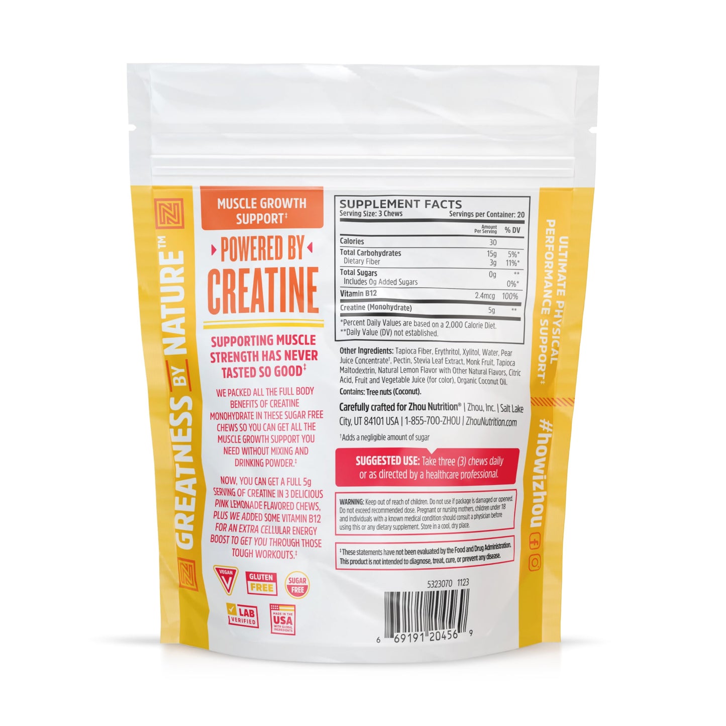 Pre-Order | Arrives in 5–10 Days – Zhou Nutrition Creatine Monohydrate Chewables 5g for Men & Women, Sugar Free, Organic, Non GMO, Pink Lemonade, 60 Creatine Gummies