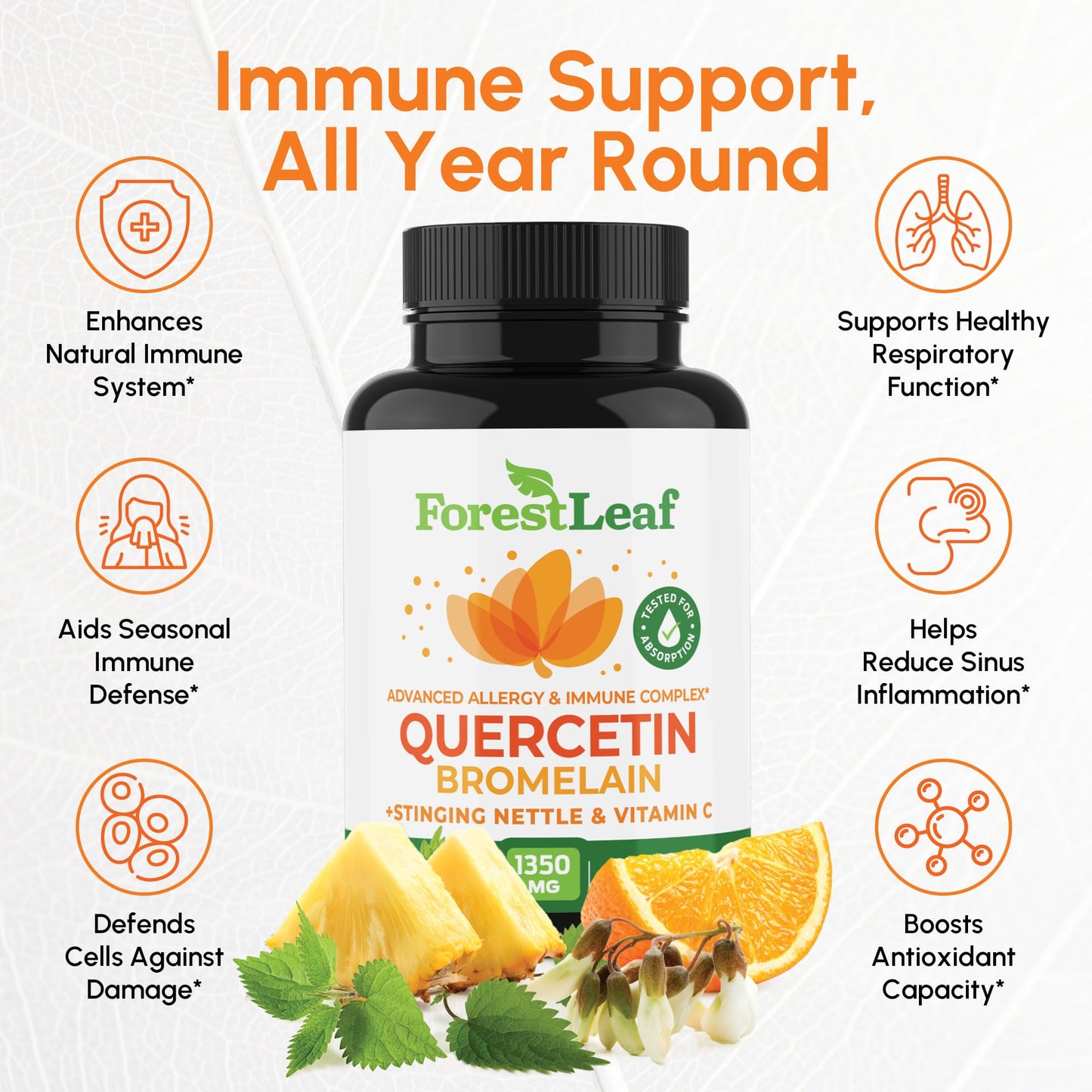 Pre-Order | Arrives in 5–10 Days – ForestLeaf Quercetin with Bromelain 1350mg - Blend with Vitamin C & Stinging Nettle Supplement, Quercetin 500mg Capsules, Non-GMO Gluten Free, Natural Immune & Respiratory Function, 90 Veggie Caps
