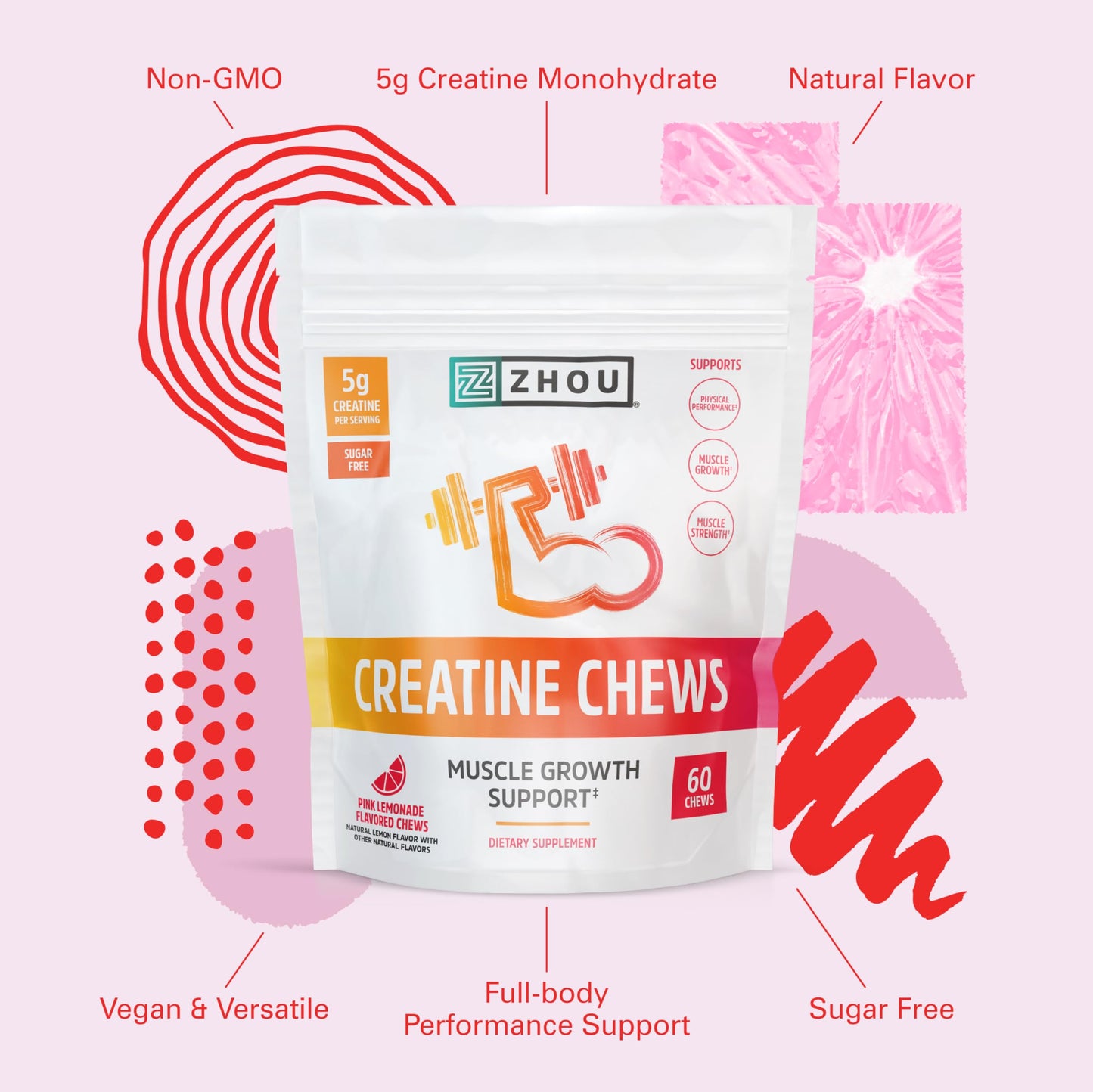 Pre-Order | Arrives in 5–10 Days – Zhou Nutrition Creatine Monohydrate Chewables 5g for Men & Women, Sugar Free, Organic, Non GMO, Pink Lemonade, 60 Creatine Gummies