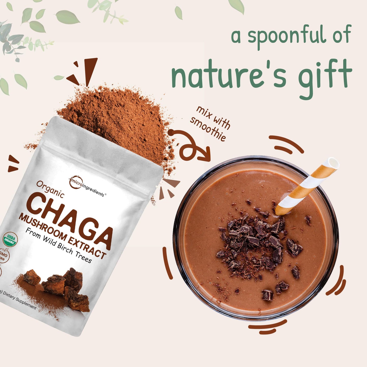 Pre-Order | Arrives in 5–10 Days – Micro Ingredients Organic Chaga Mushroom Extract 100:1 Powder, 10 Ounce | Wild Harvest Mushroom, Chaga Tea, Superfood for Beverage and Smoothie, Vegan Friendly