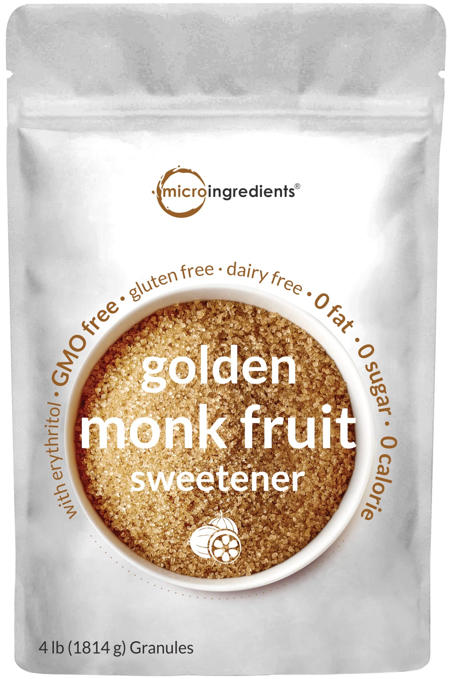 Pre-Order | Arrives in 5–10 Days – Golden Monk Fruit Sweetener with Erythritol, 4 Pounds - No After Taste - Brown Sugar Substitute, Keto Diet Friendly, Zero Calorie, Natural Sweetener for Drinks, Coffee, Tea, Cookies, No-GMO, Vegan