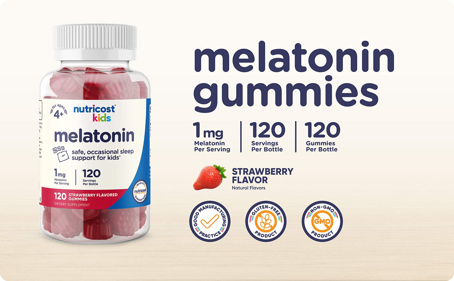 Pre-Order | Arrives in 5–10 Days – Nutricost Kids Melatonin Gummies 1mg, 120 Gummies, Strawberry Flavored