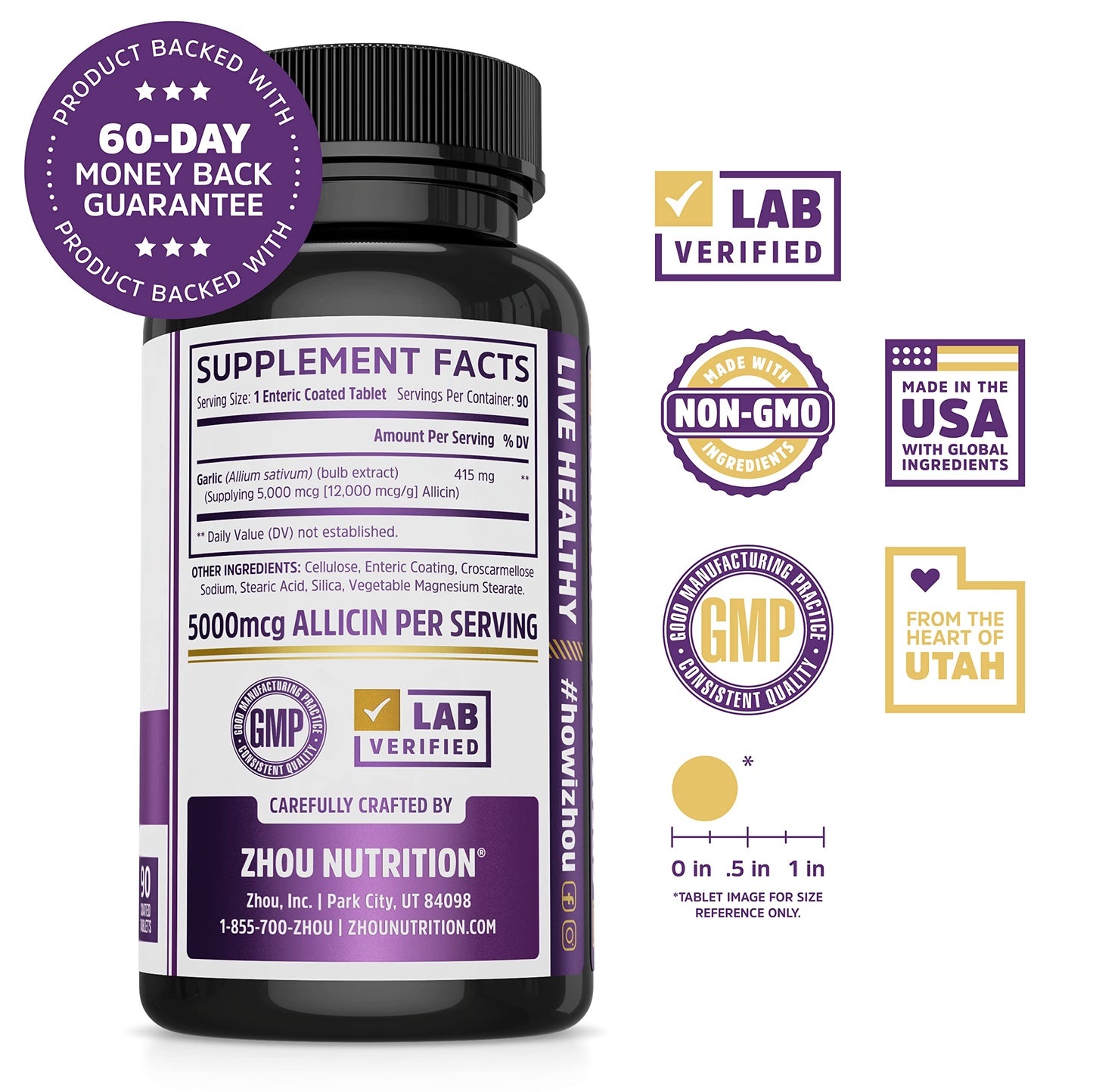 Pre-Order | Arrives in 5–10 Days – Zhou Garlic with Allicin - Garlic Supplements, Odorless Garlic Extract Pills for Men & Women, 5000 mcg Allicin Per Tablet for Immune & Heart Health - 90 Coated Tablets (Pack of 1)