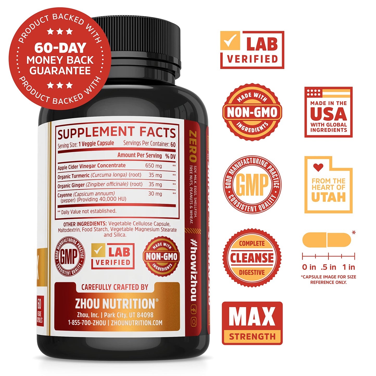 Pre-Order | Arrives in 5–10 Days – Zhou Cider Detox - Apple Cider Vinegar Capsules with Mother, Raw Natural ACV Pills for Women & Men, Herbal Complex Supplement with Turmeric & Cayenne Pepper - 60 Vegan Capsules