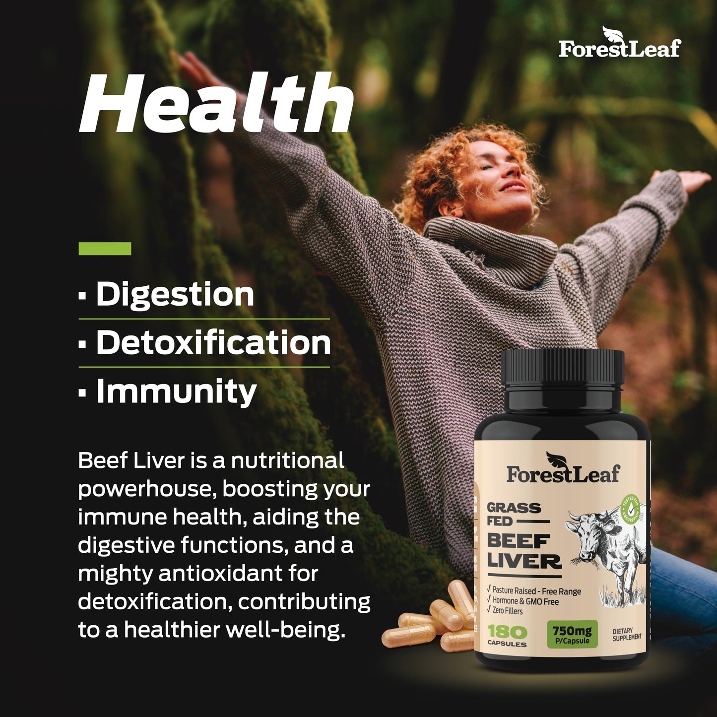 Pre-Order | Arrives in 5–10 Days – ForestLeaf Grass Fed Beef Liver Capsules, 3000mg Per Serving, Supports Full Immunity & Body Wellnes, Cleansing, Digestion, Natural Iron, Vitamin A and B12, Freeze Dried Beef Liver Supplement, 180 Caps