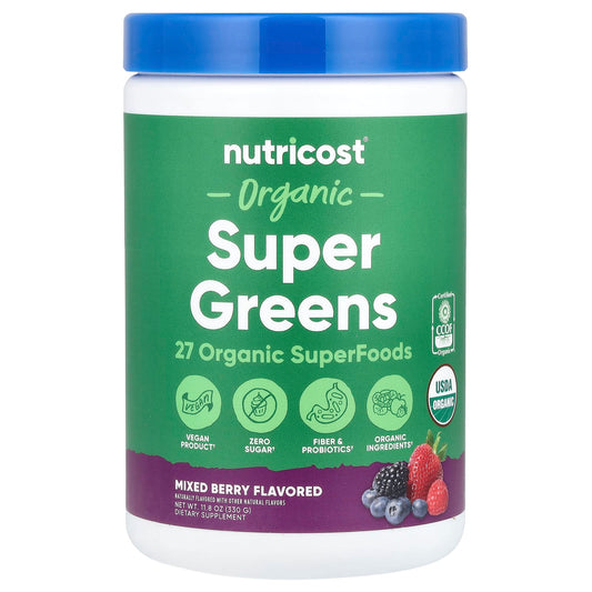 Pre-Order | Arrives in 5–10 Days – Nutricost
Organic Super Greens, Mixed Berry, 11.8 oz (330 g)