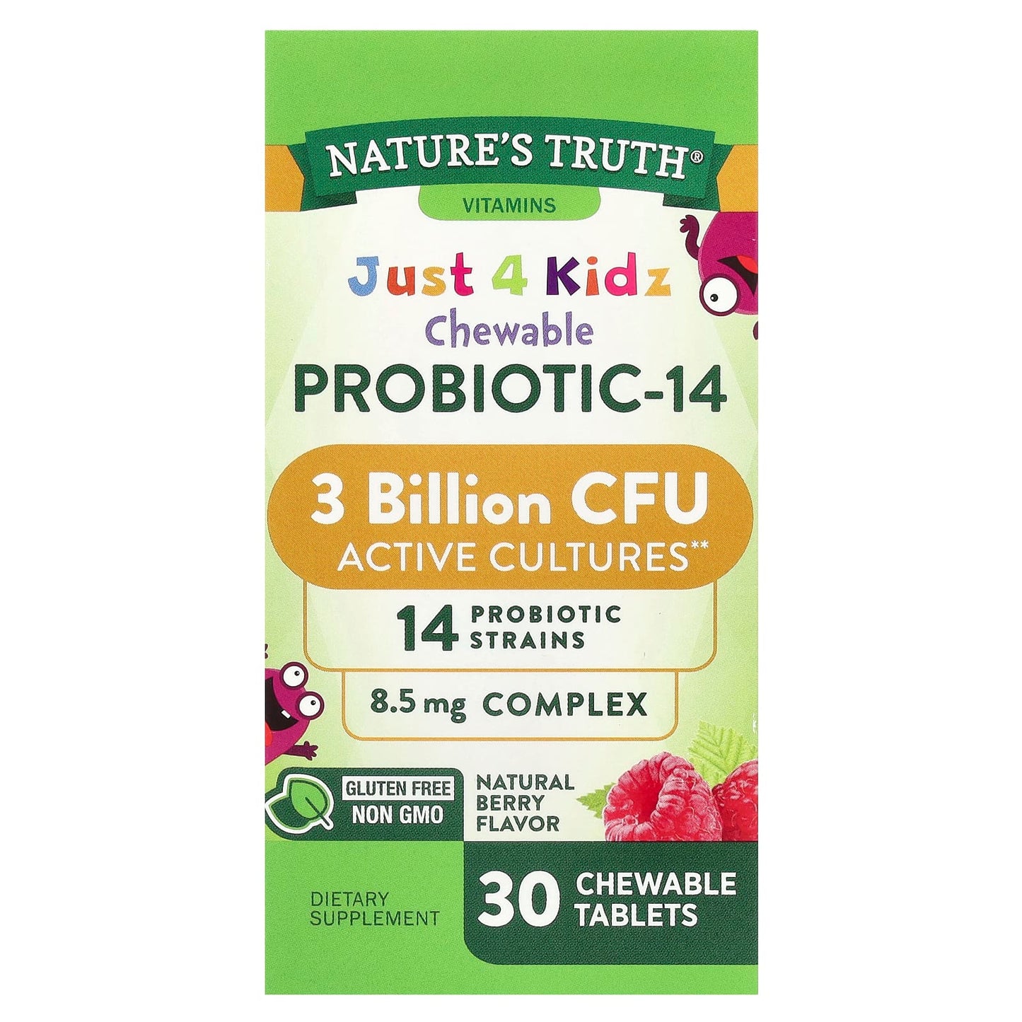 Pre-Order | Arrives in 5–10 Days – Nature's Truth
Just 4 Kidz, Chewable Probiotic-14, Natural Berry , 3 Billion CFU , 30 Chewable Tablets