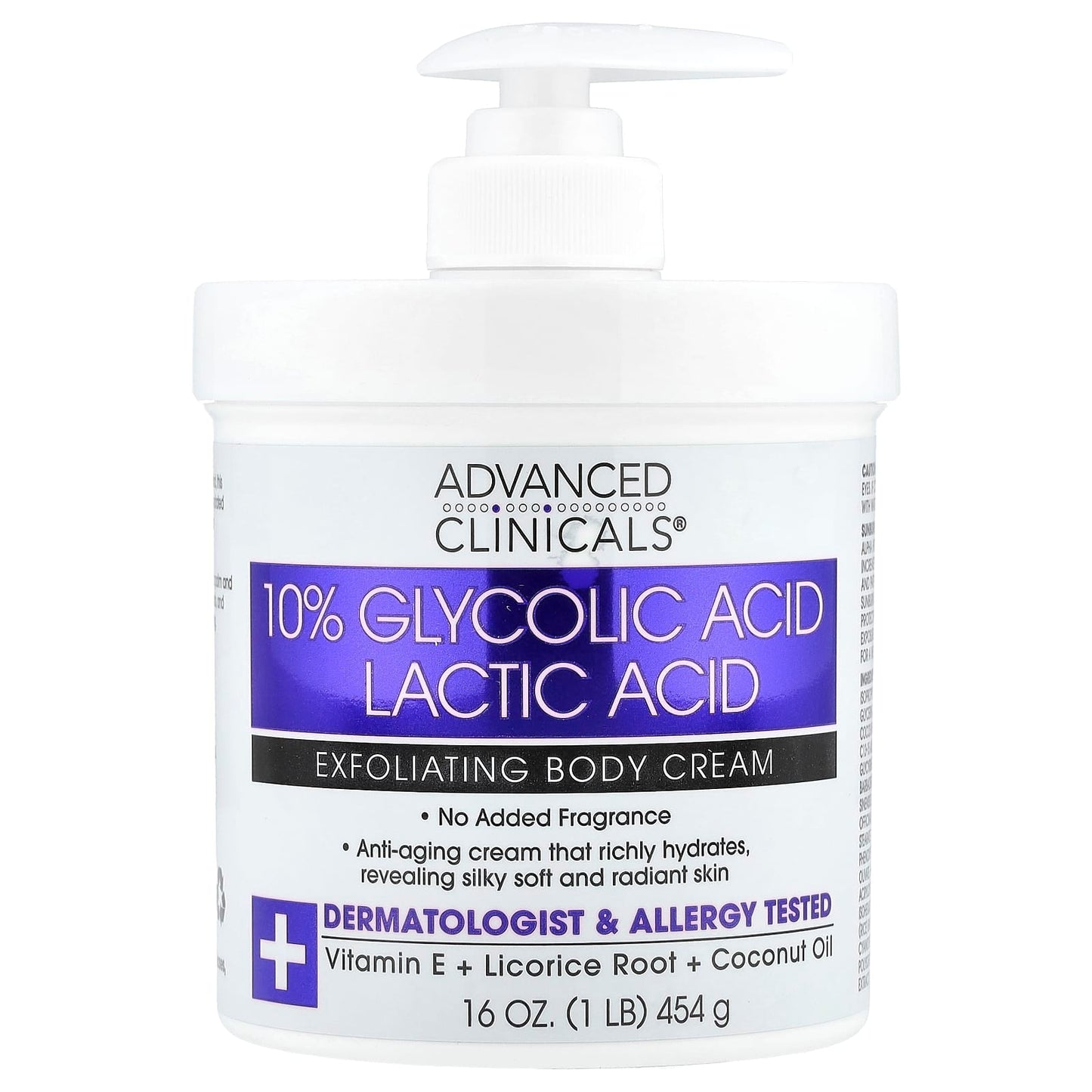 Pre-Order | Arrives in 5–10 Days – Advanced Clinicals
10% Glycolic Acid, Lactic Acid, Exfoliating Body Cream, 16 oz (454 g)