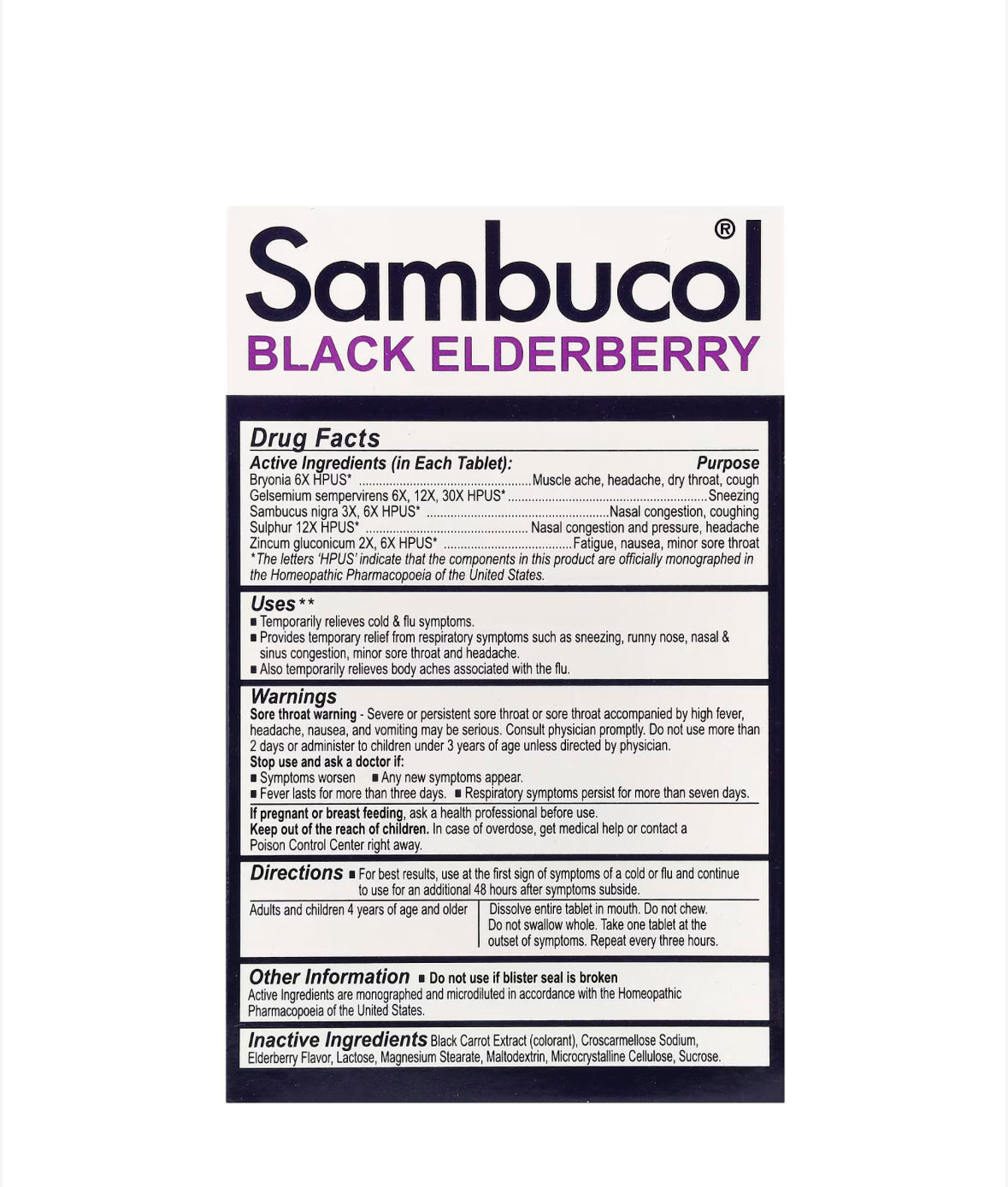 Pre-Order | Arrives in 5–10 Days –
SAMBUCOL BLACK ELDERBERRY COLD & FLU RELIEF, 60 TABLETS